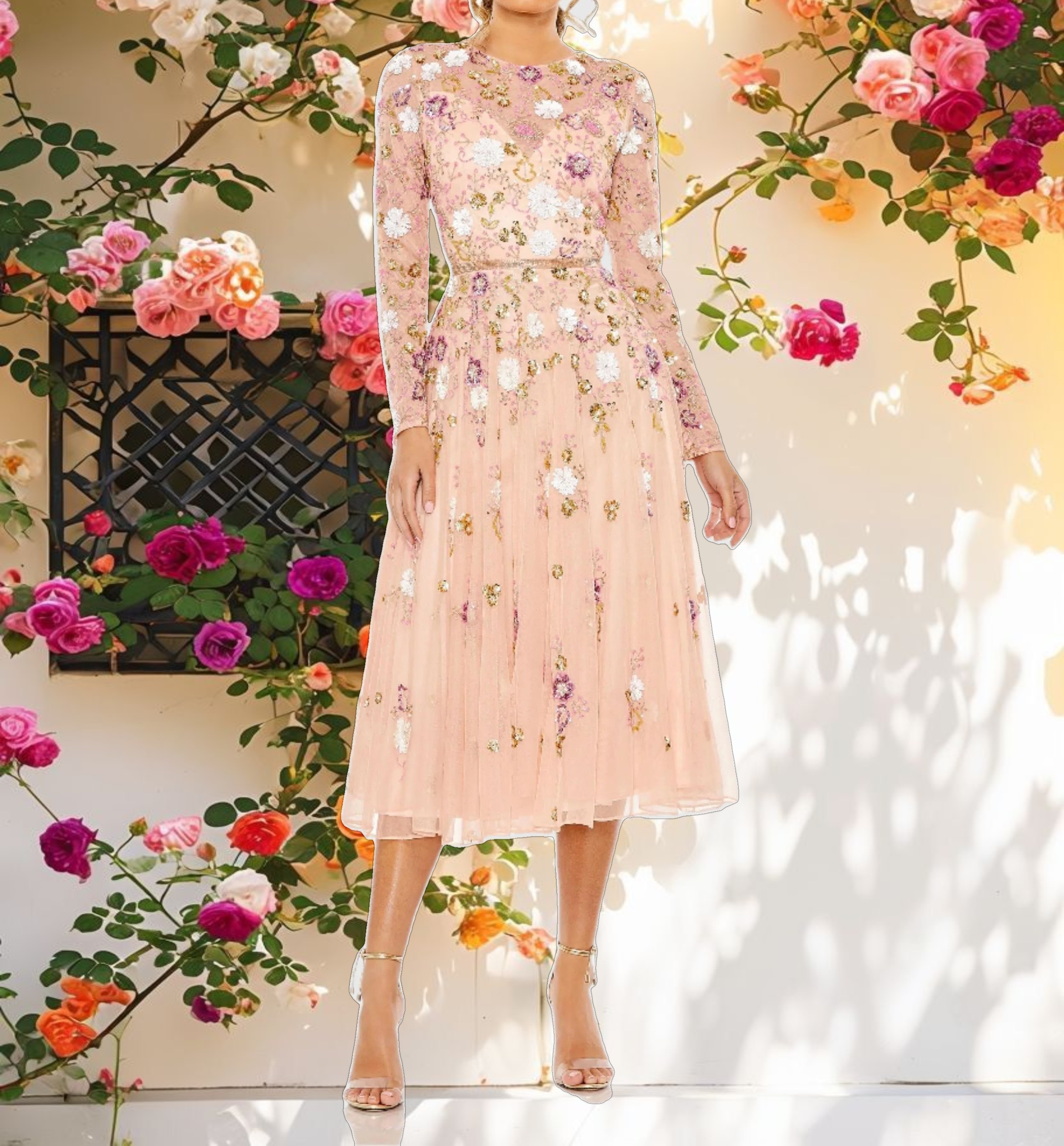 Sequined Floral Long Sleeve High Neck Midi Dress