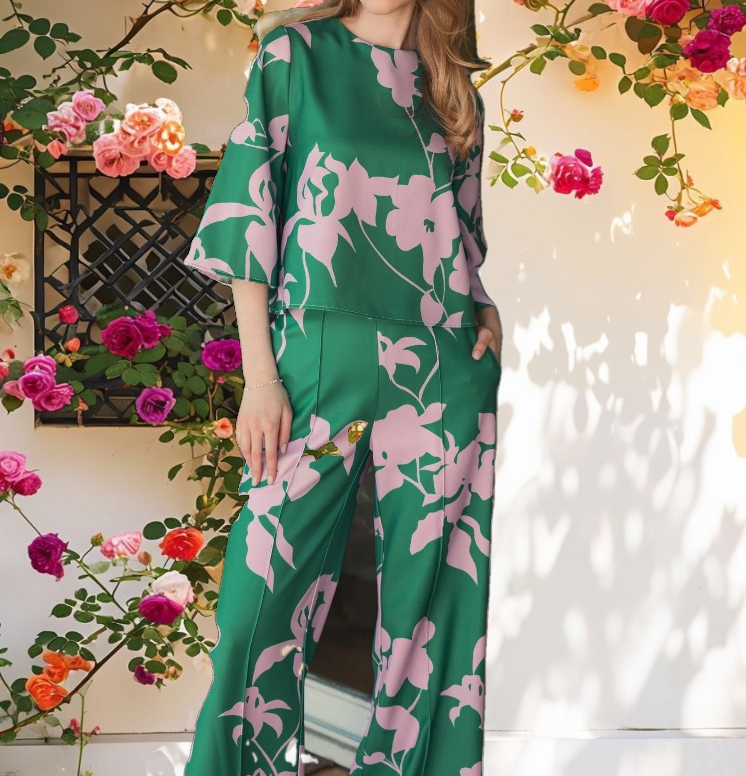 Printed Crepe 3/4 Bell Sleeve High Neck Top - FINAL SALE