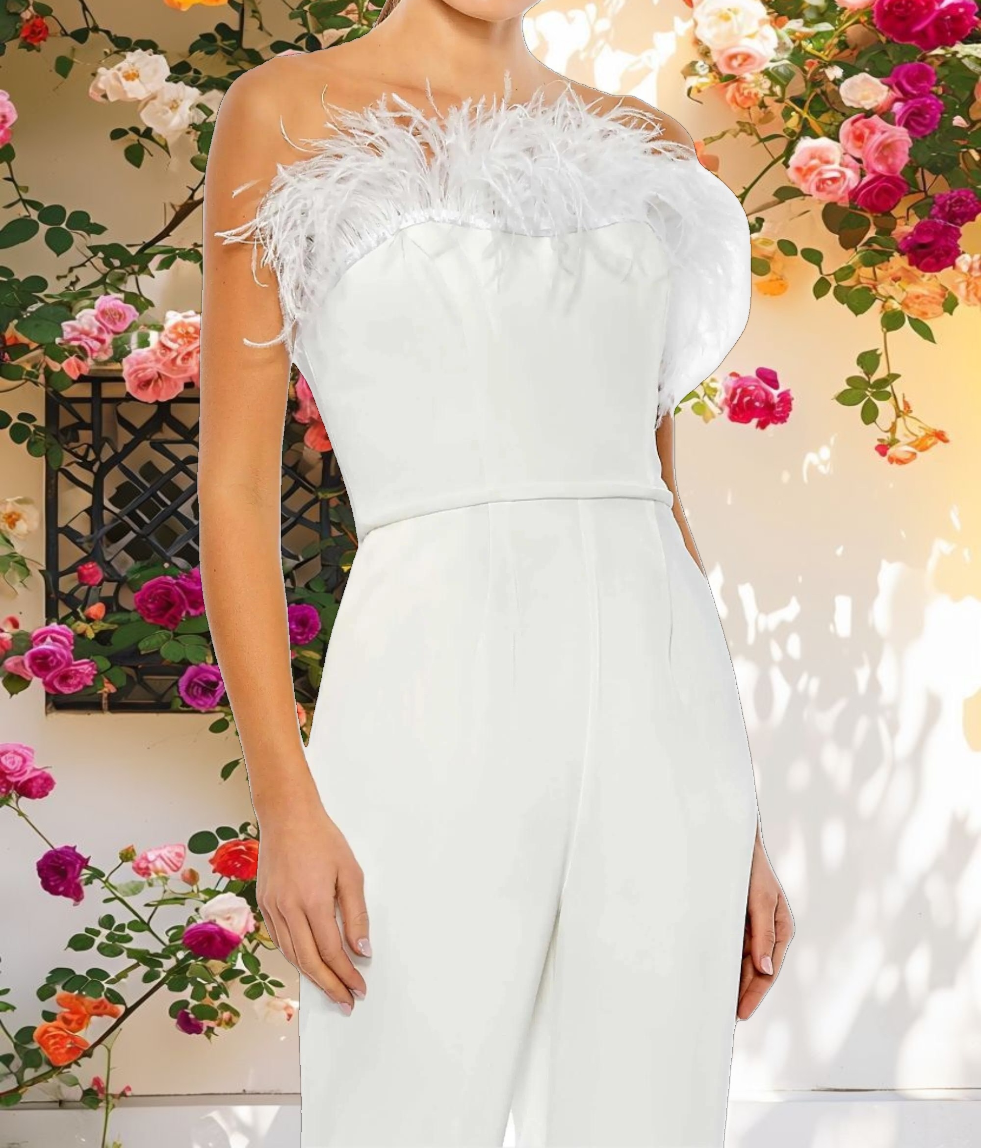 White Strapless Jumpsuit with Feather Trim