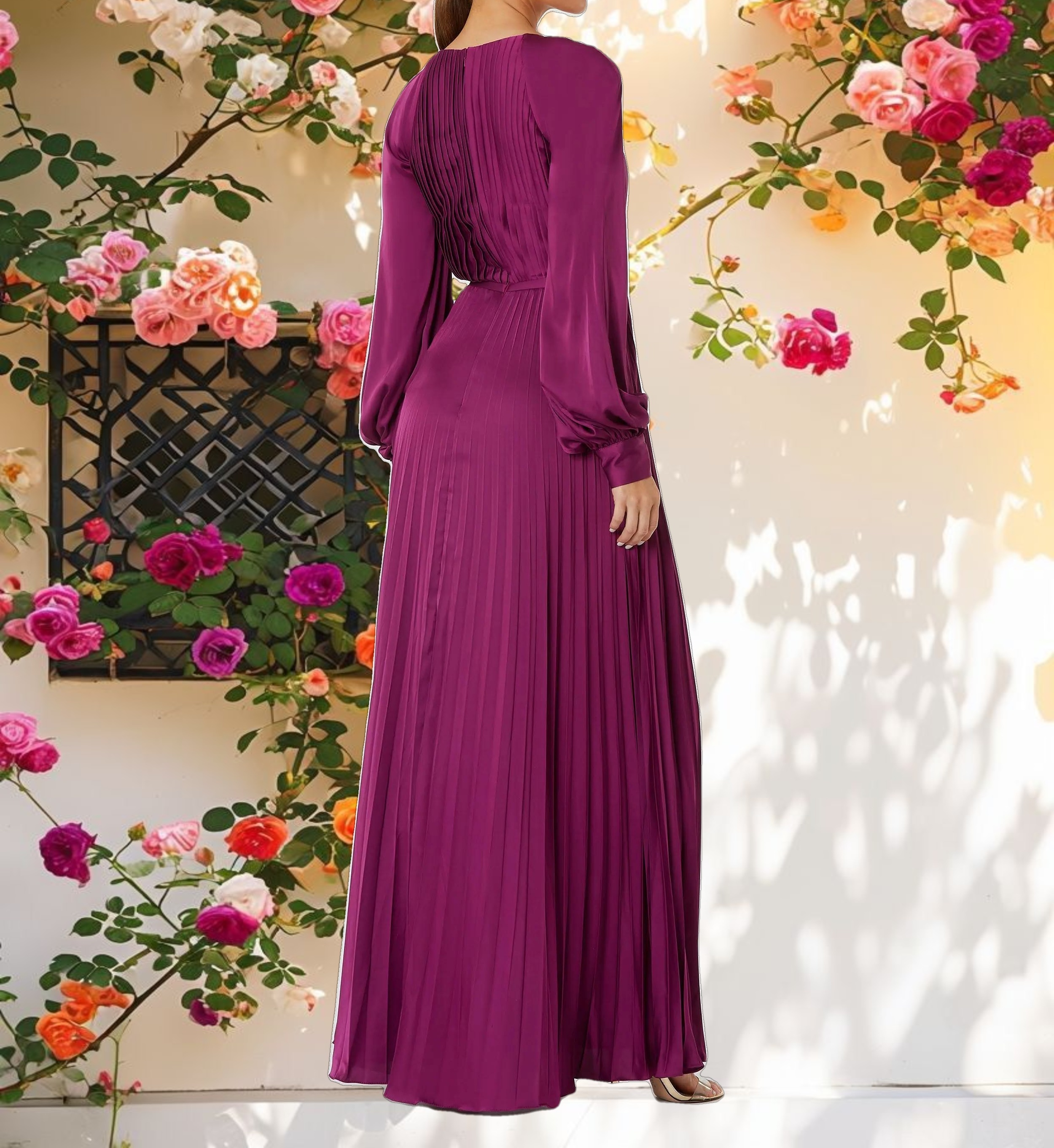Purple Pleated High Neck Raglan Long Sleeve Side Slit Gown