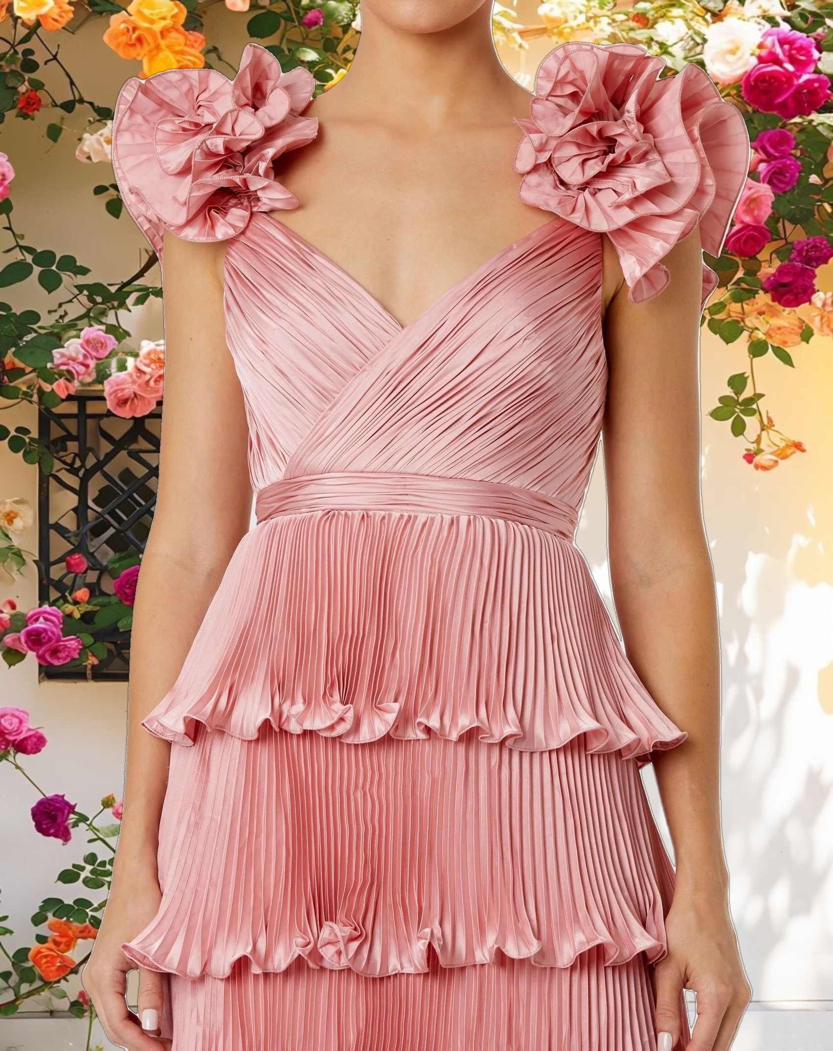 Pleated Charmeuse Tiered Gown