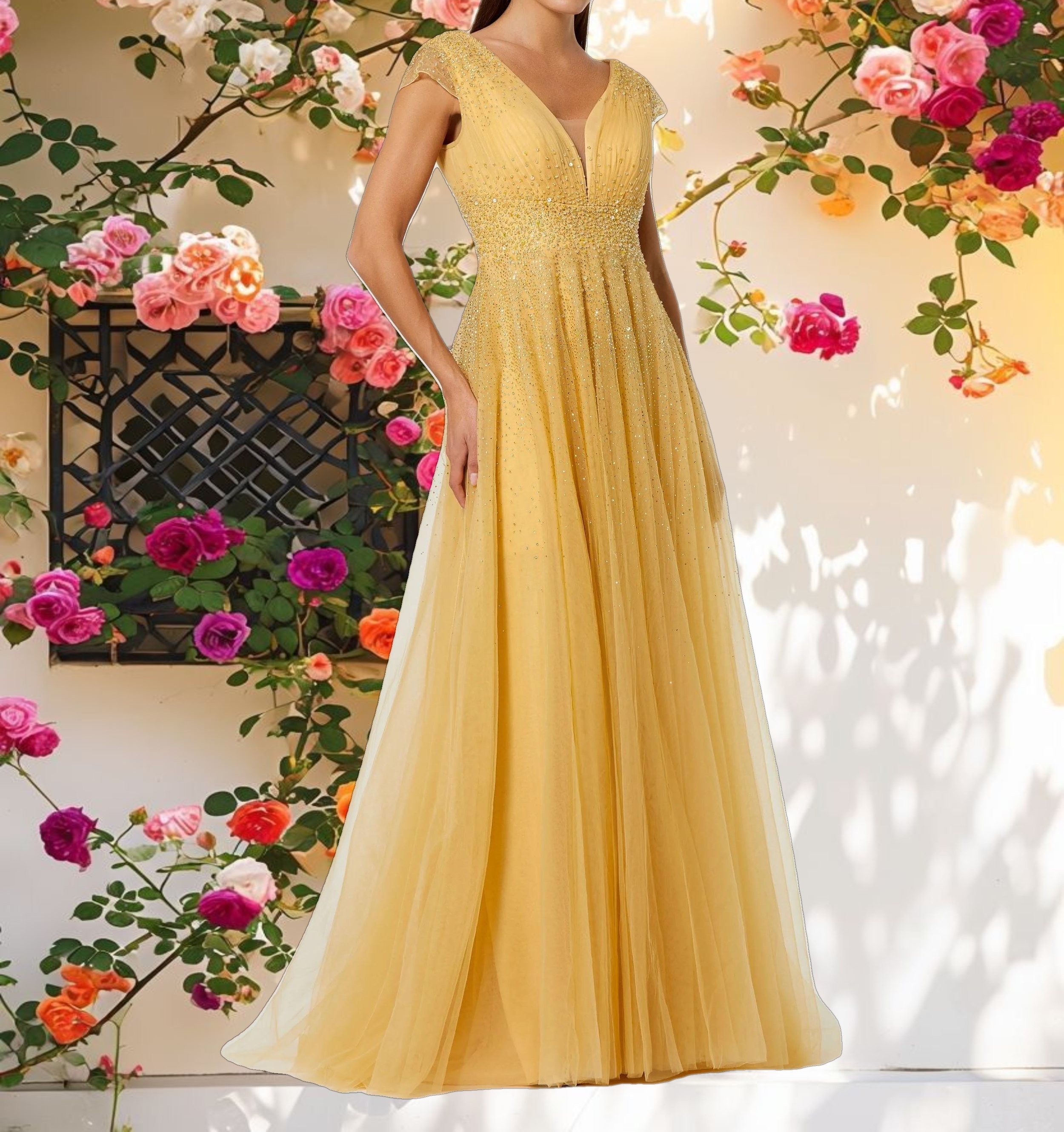 Yellow Embellished Tulle Cap Sleeve V Neck Formal Dress