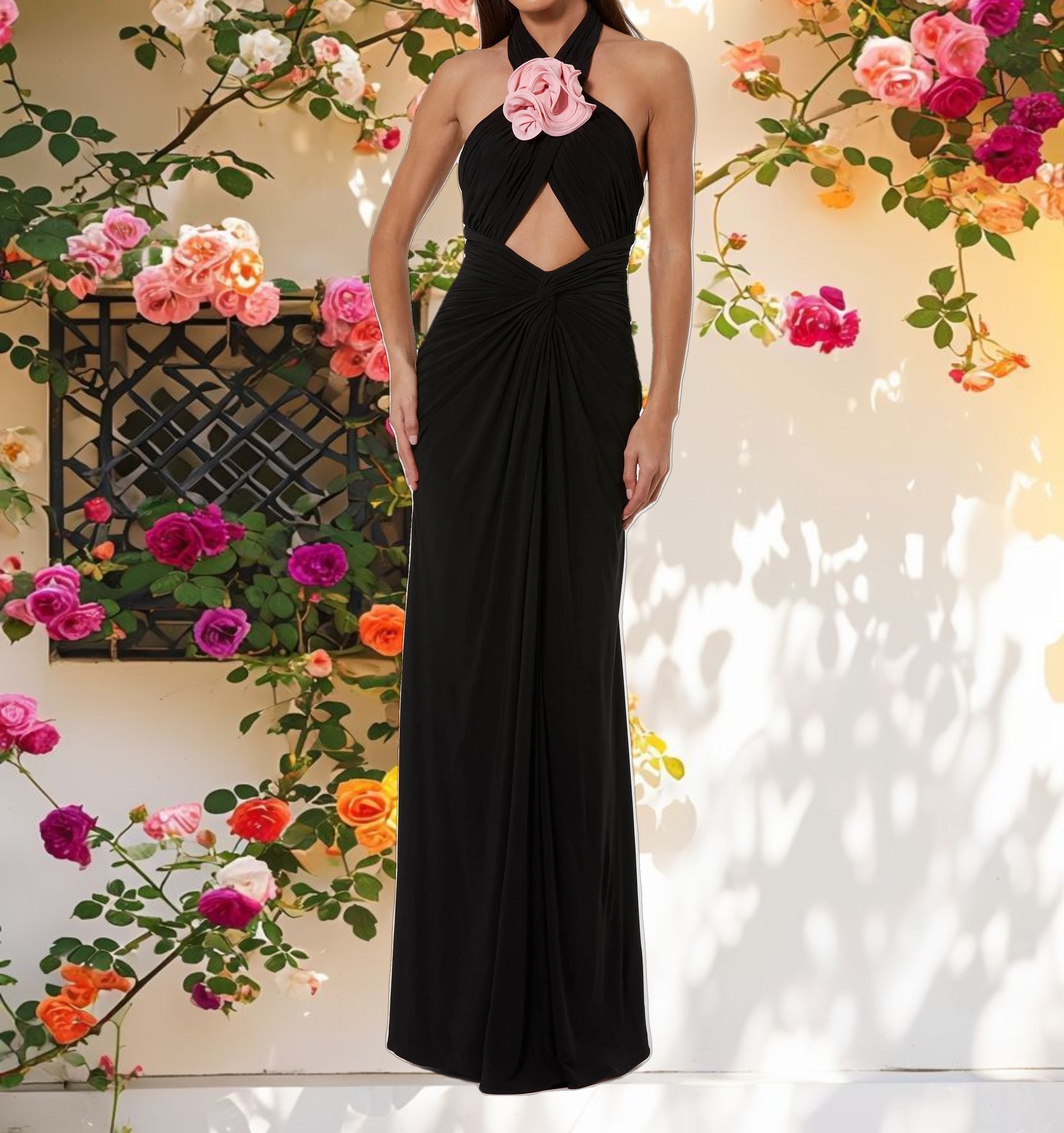 Black Jersey Crossover Halter Neck Gown With 3D Flower