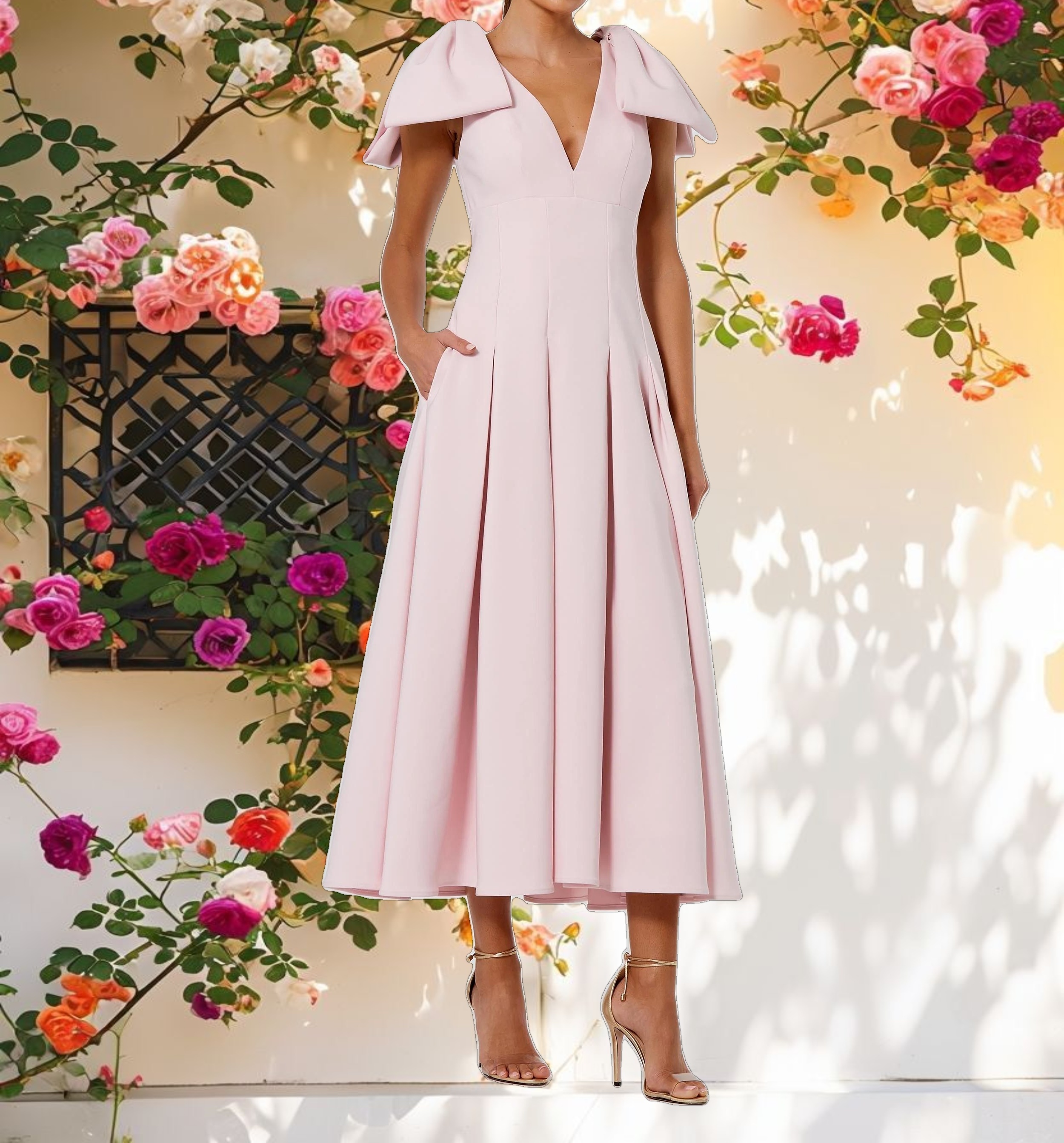 Pink Crepe A Line Midi Dress With Bow Straps