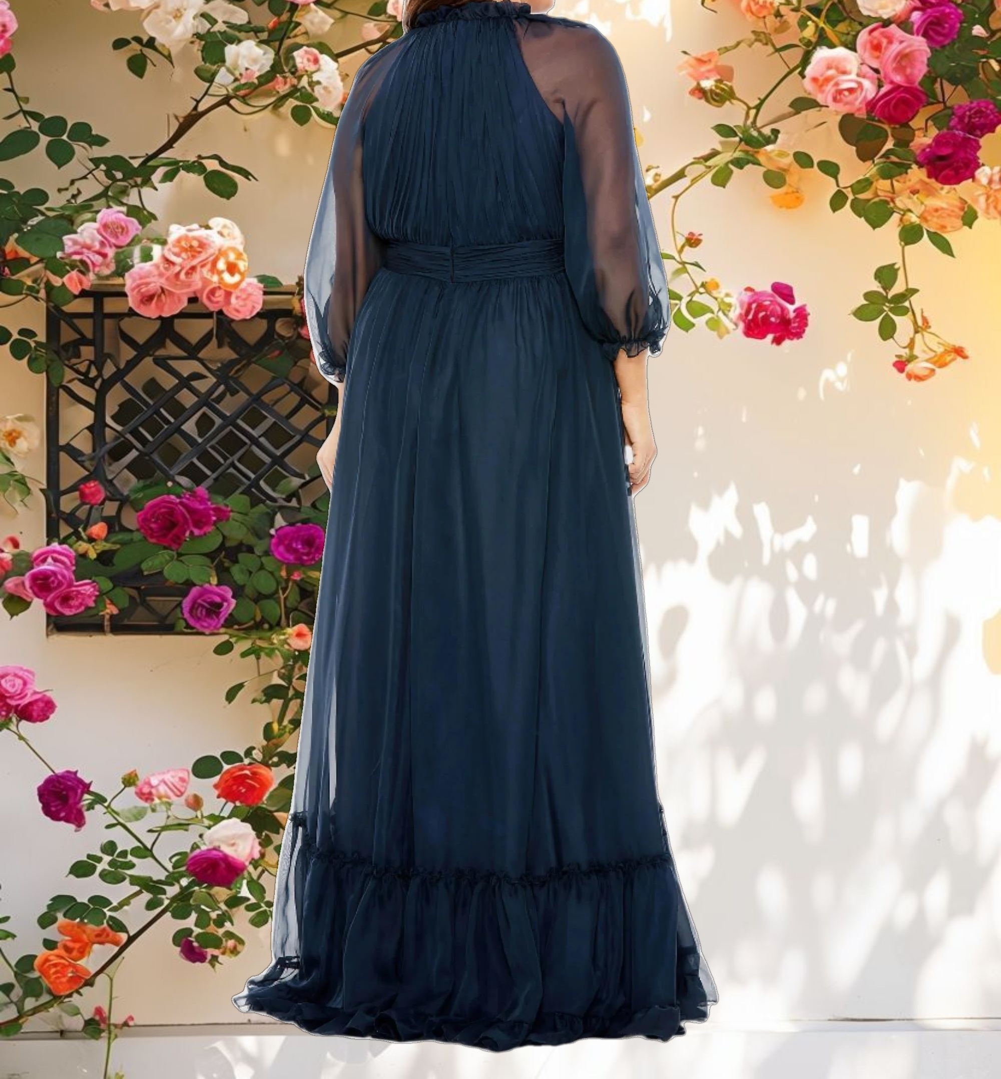 Navy High Neck Puff Sleeve Tiered A Line Gown