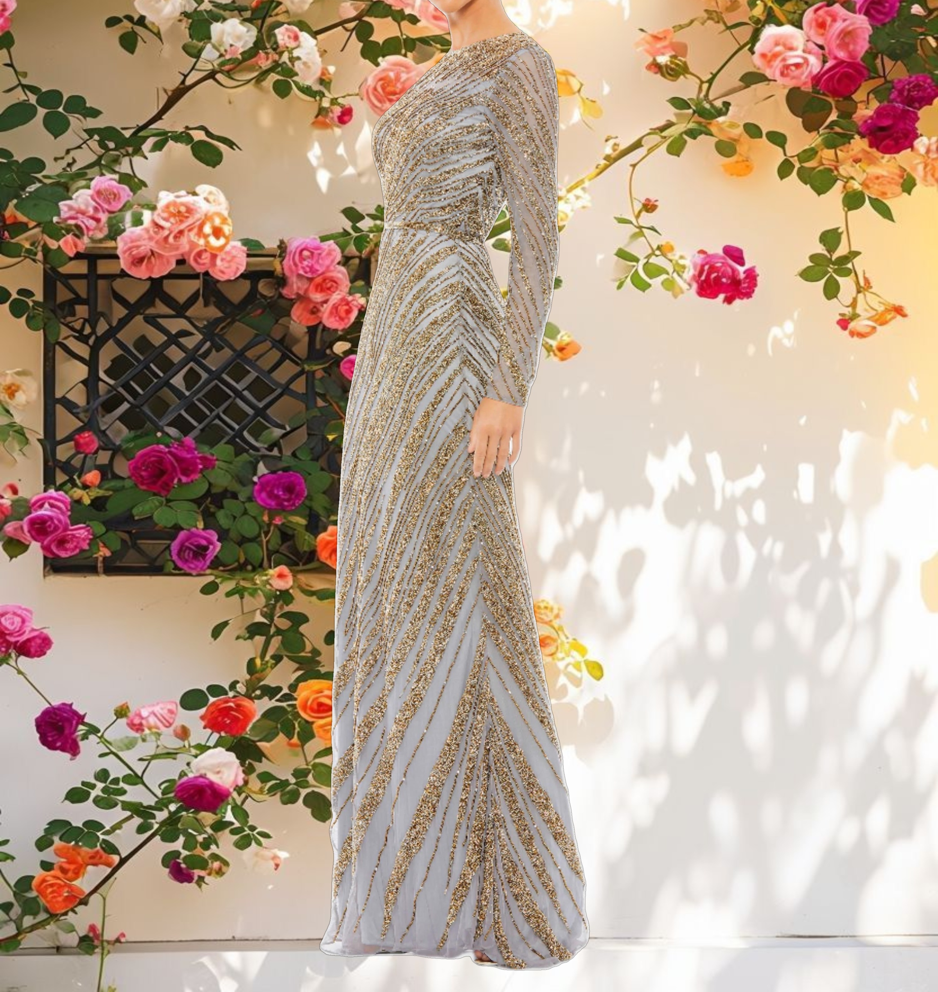 Gold and Blue Long Sleeve Beaded Column Gown