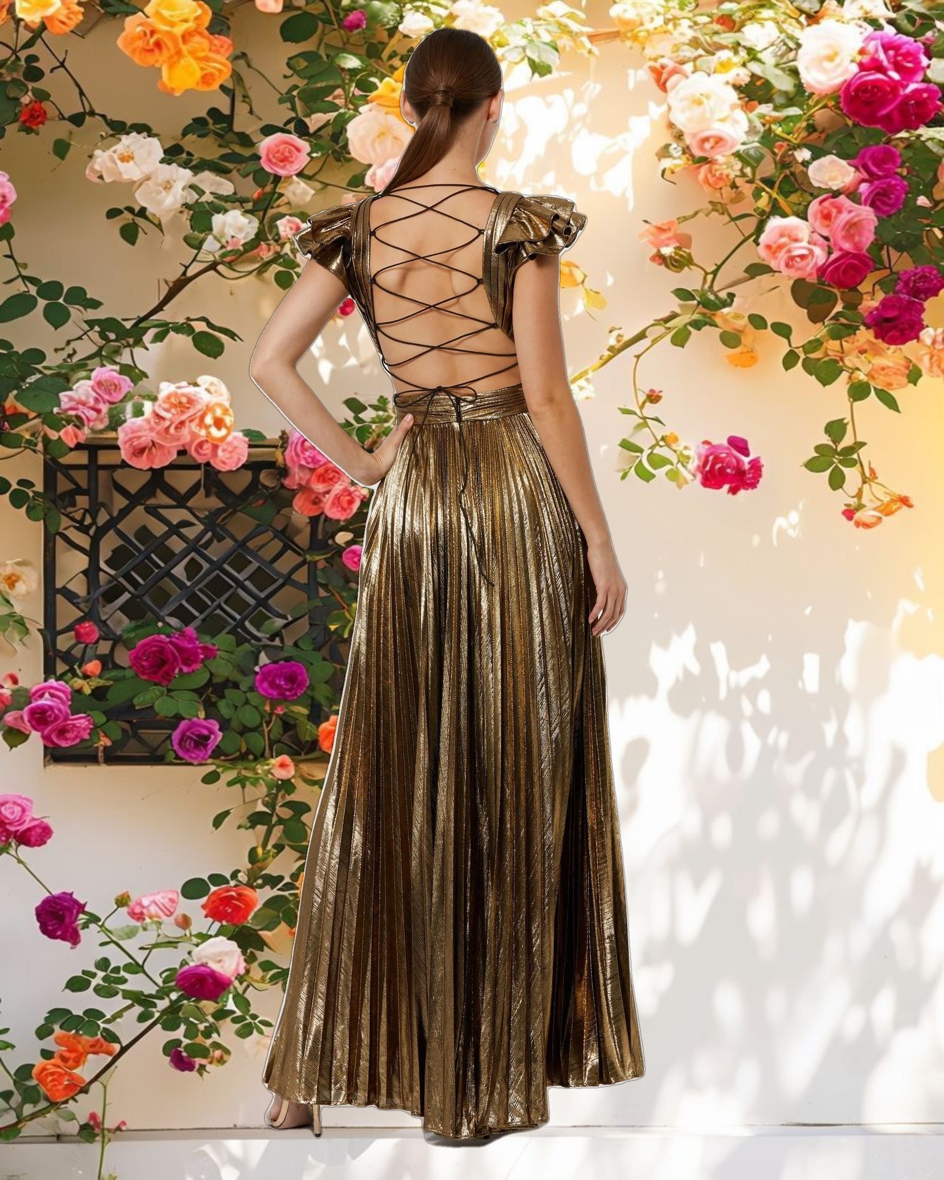 Ruffle Sleeve Cutout Pleated Metallic Gown