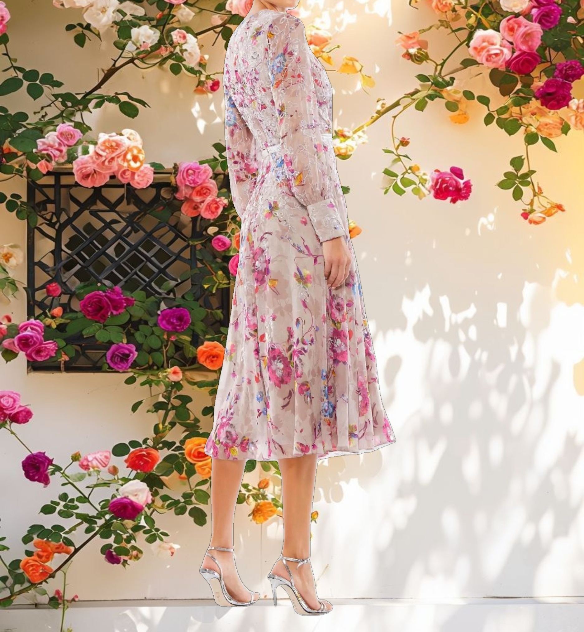 Stitched Floral Long Sleeve Midi Dress