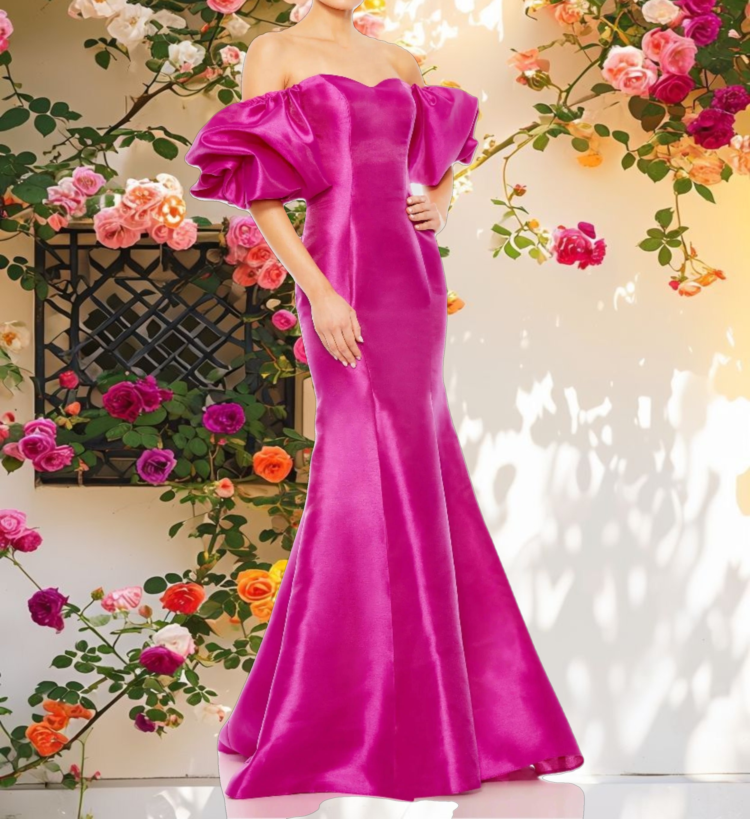 Pink Sweetheart Off The Shoulder Puff Sleeve Gown