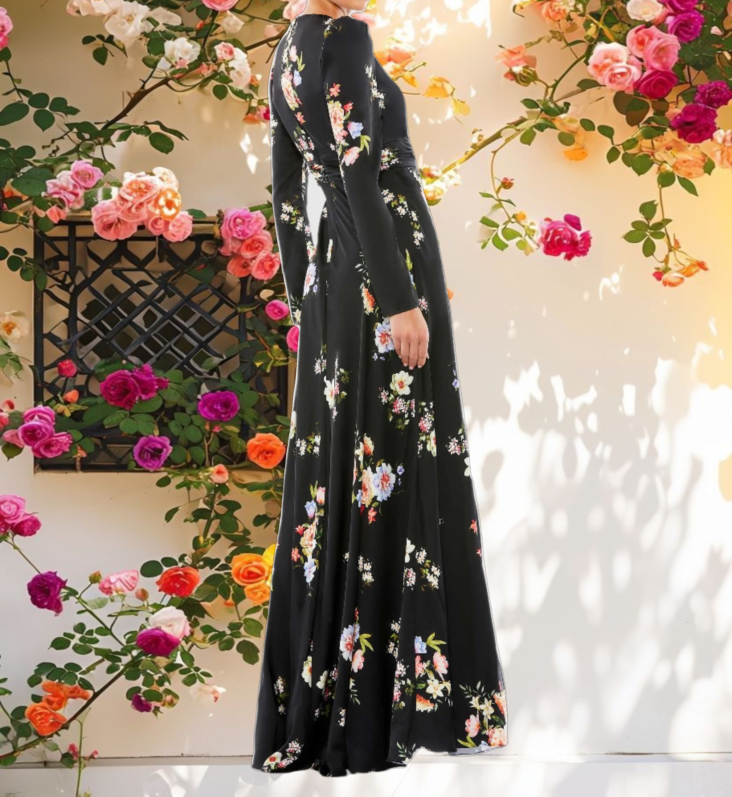 Long Sleeve Faux Wrap Gown
