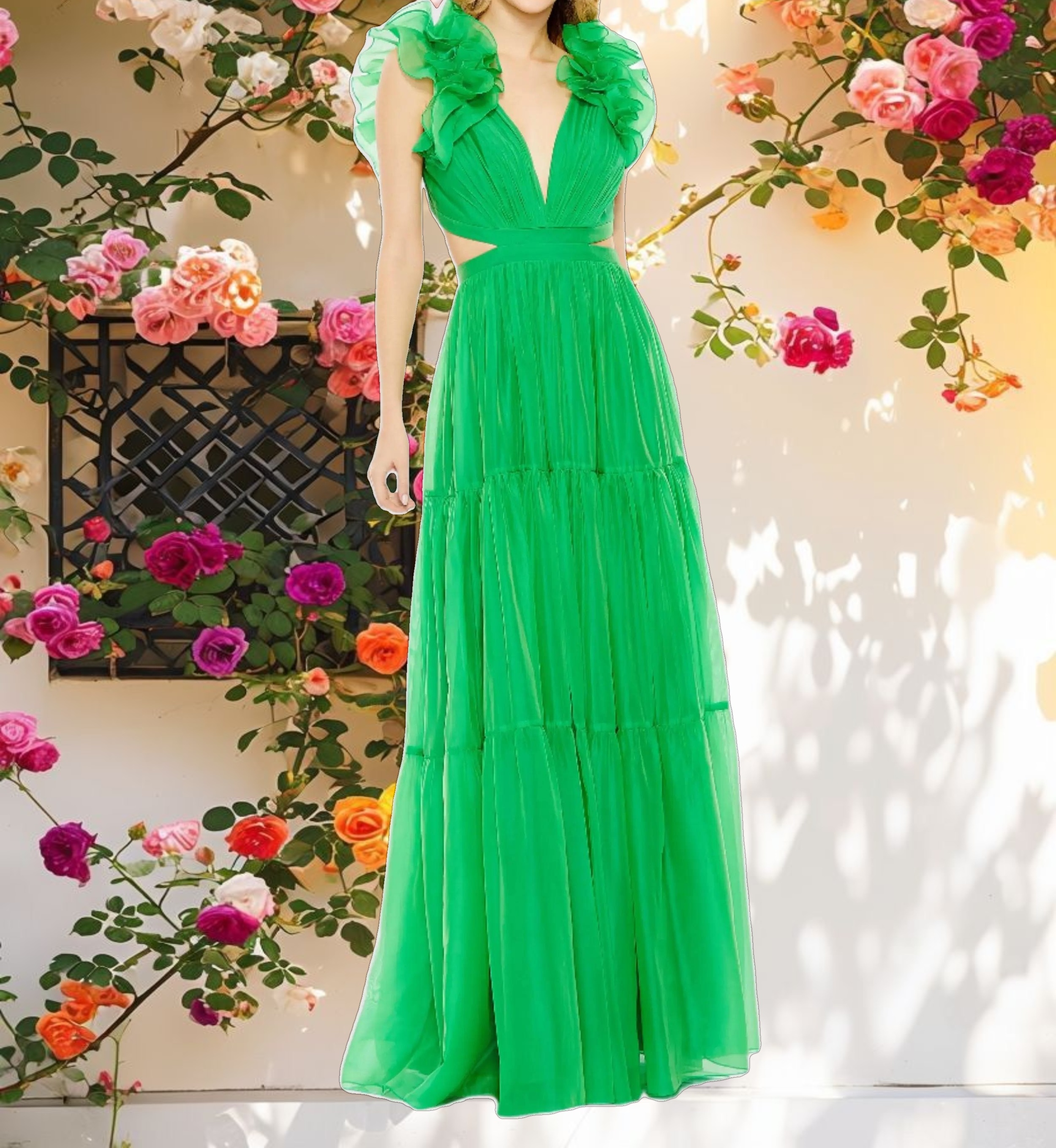 Green Ruffled Shoulder Cut Out Soft Tie Back Tiered Gown