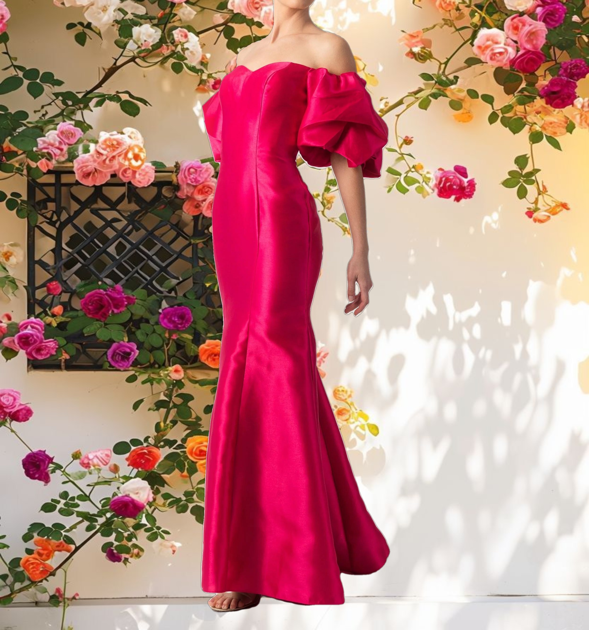 Pink Sweetheart Off The Shoulder Puff Sleeve Gown