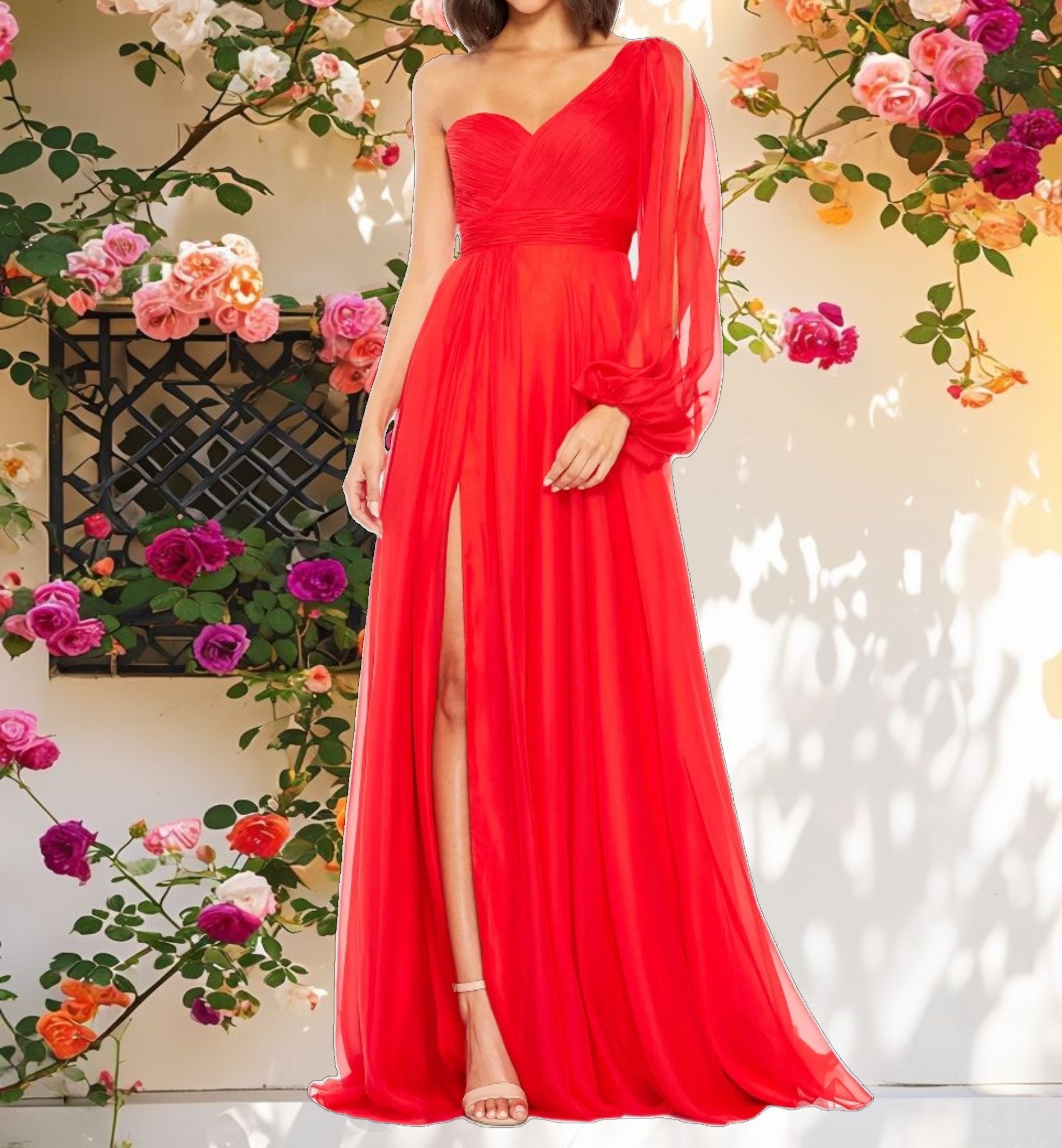 Flowy One Sleeve Chiffon Gown