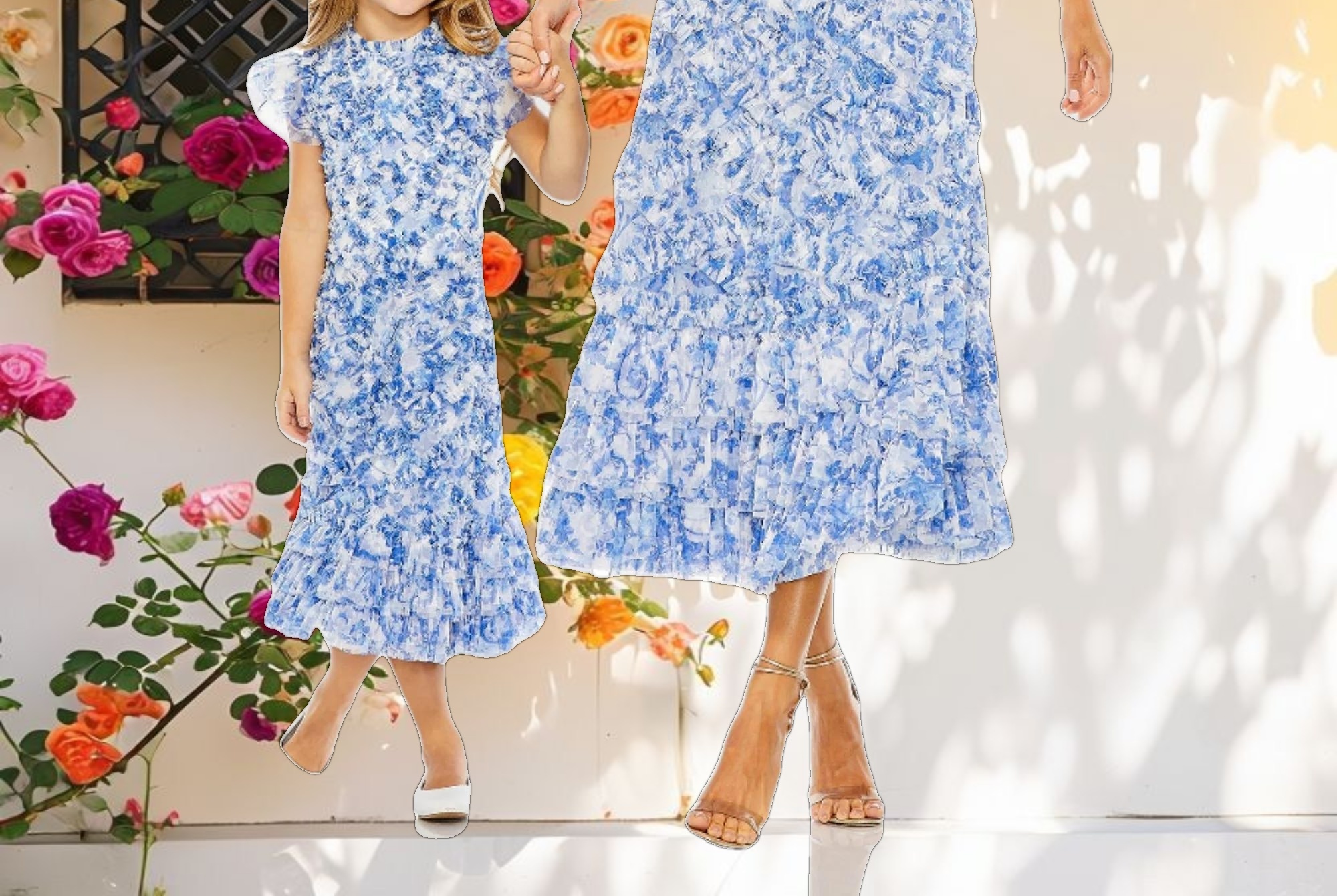 Blue High Neck Ruffle Cap Sleeve Floral Dress