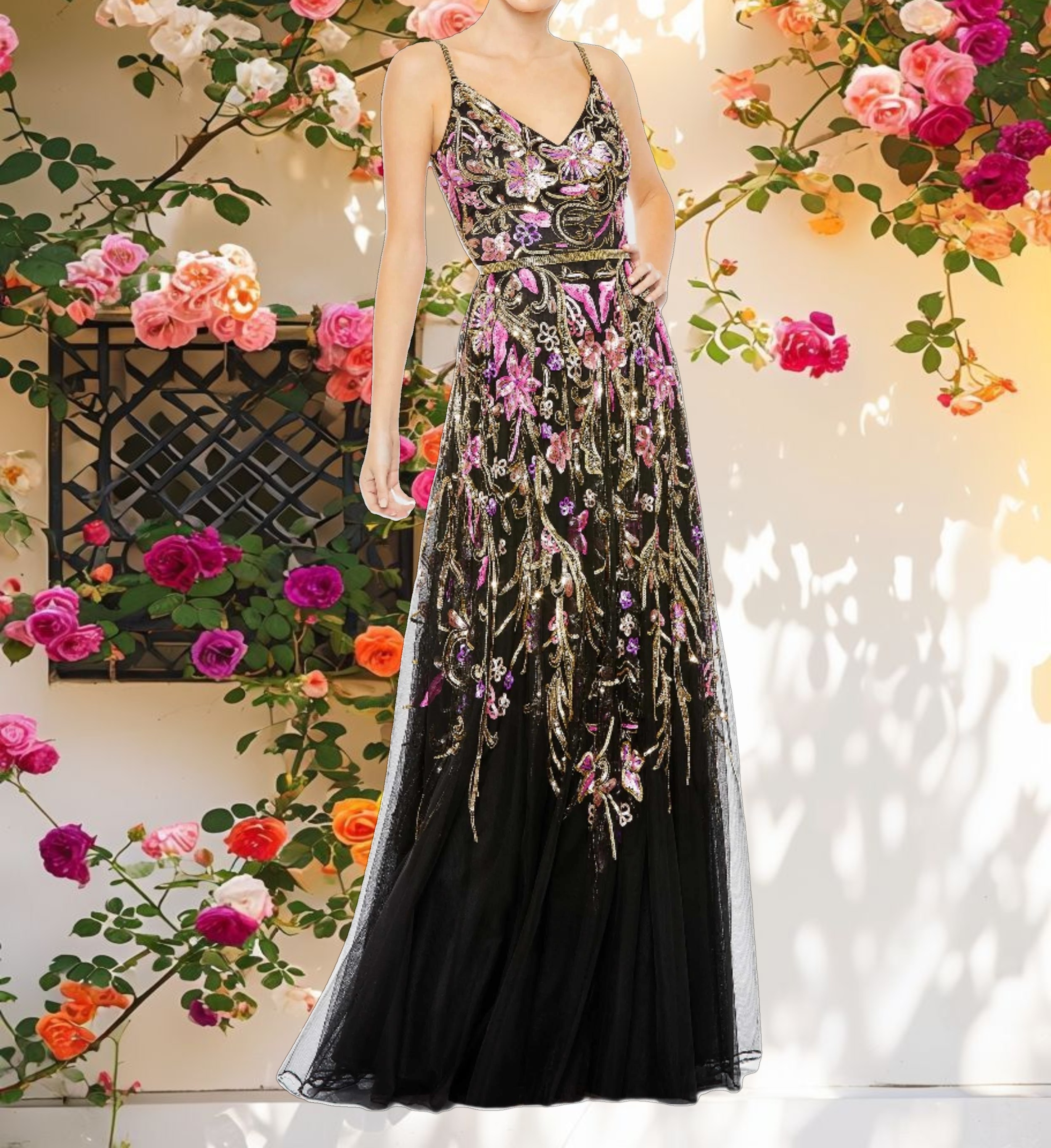 V Neck Floral Embellished Spaghetti Strap Gown