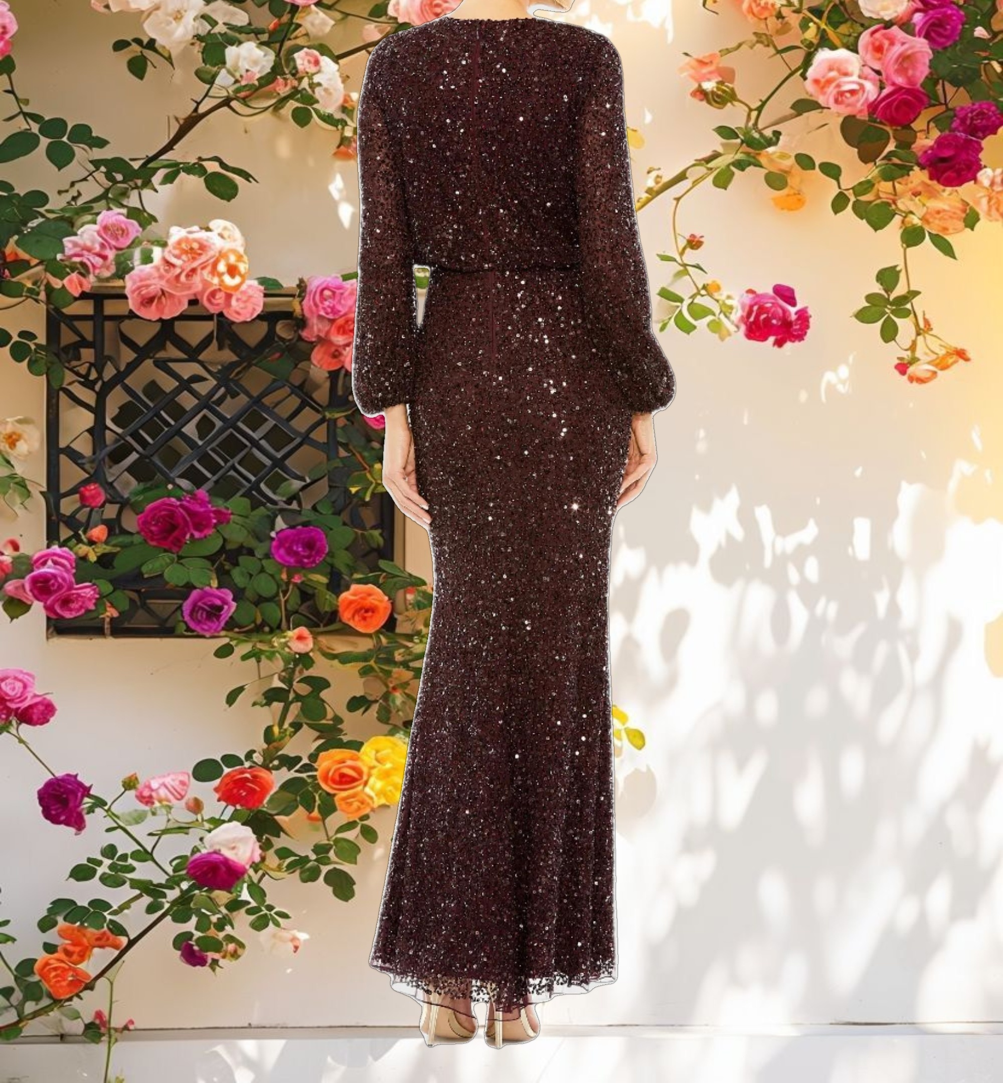 Elegant High Neck Long Sleeve Beaded Blouson Gown