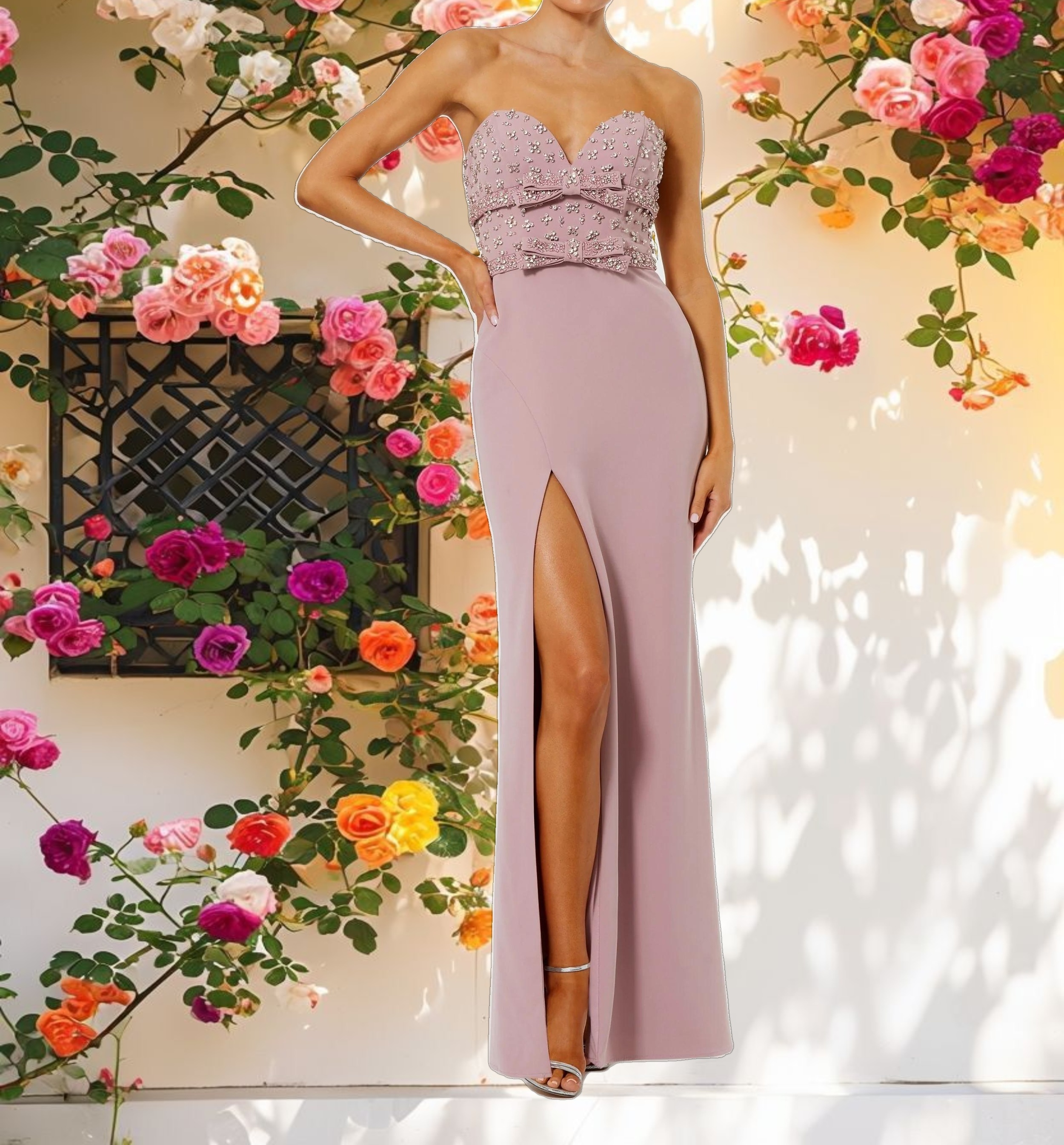 Pink Strapless Rhinestone Bodice Crepe Gown