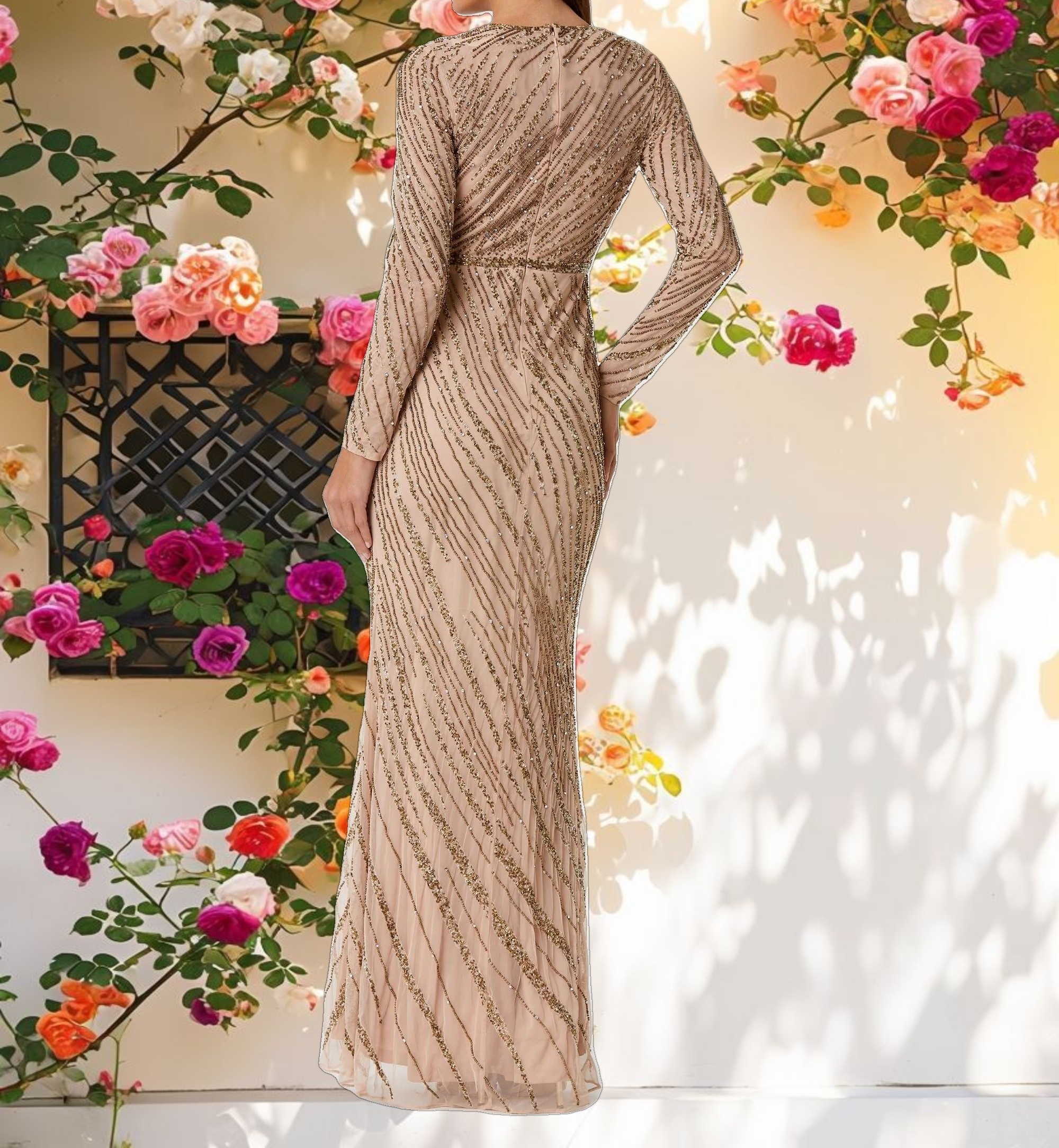 Beige Long Sleeve Beaded Column Gown