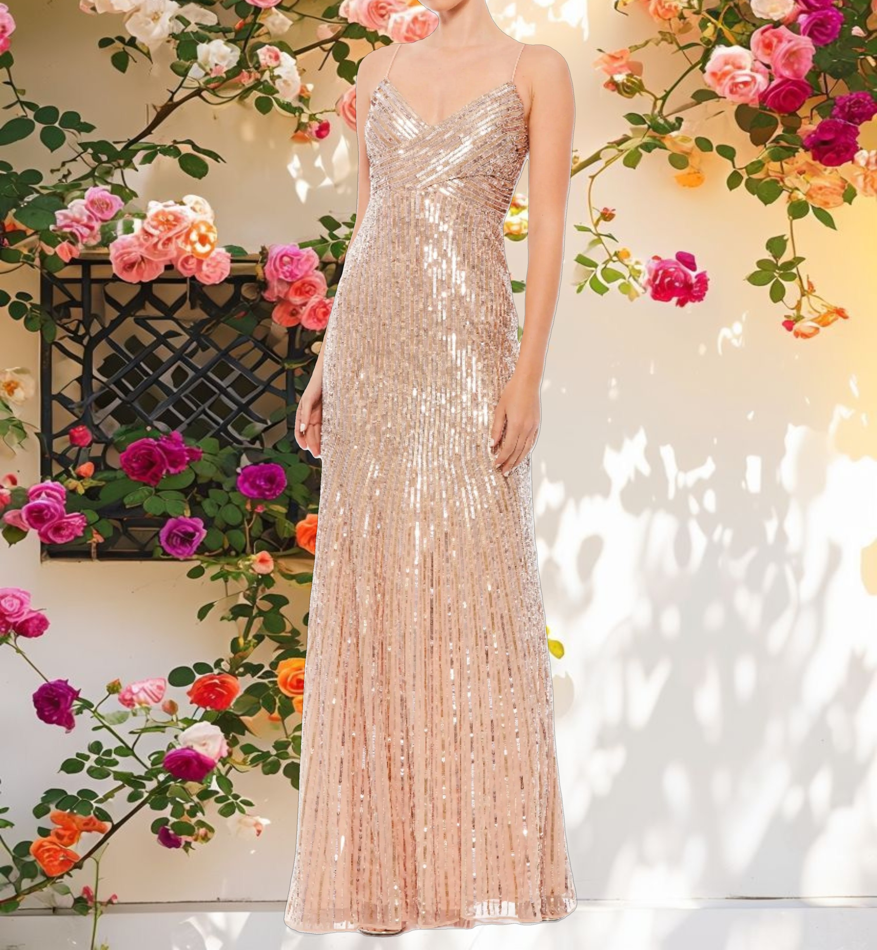 Gold Sequin Spaghetti Strap Gown