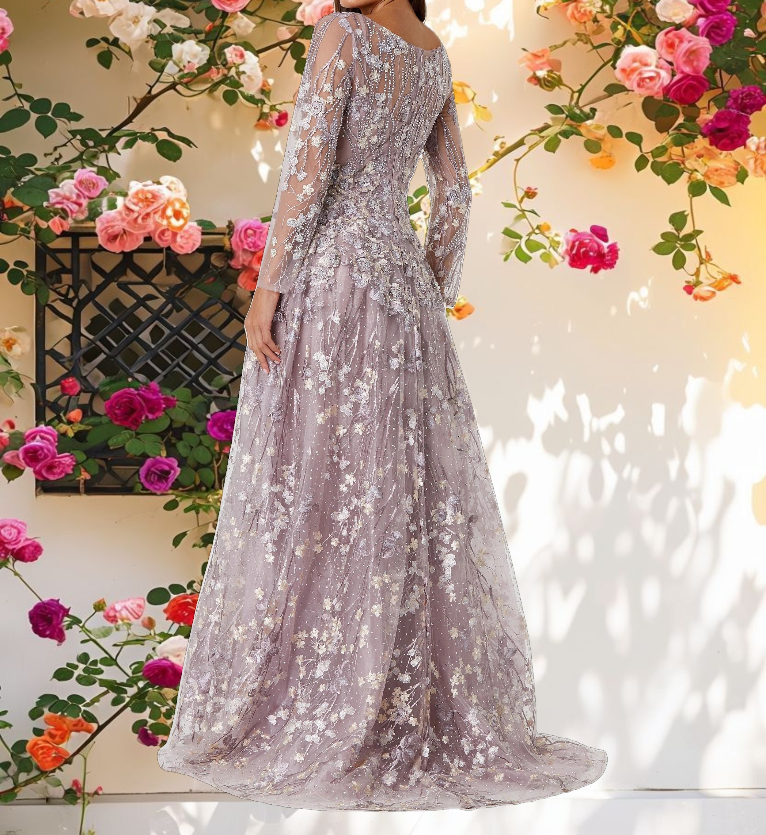 Purple Embroidered Lace Long Sleeve Floral Dress