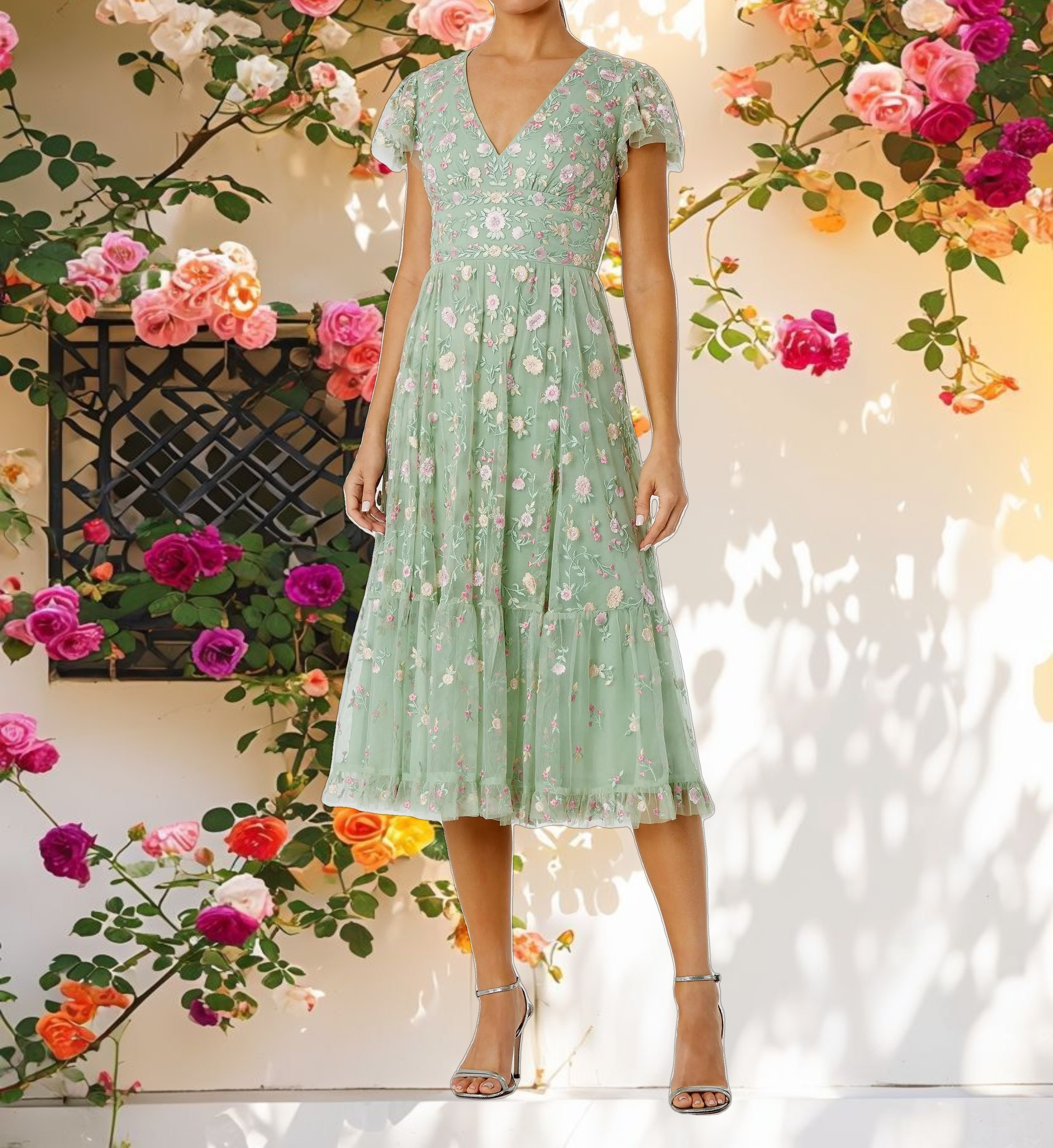 Multicolor Embroidered V Neck Cap Sleeve Midi Dress