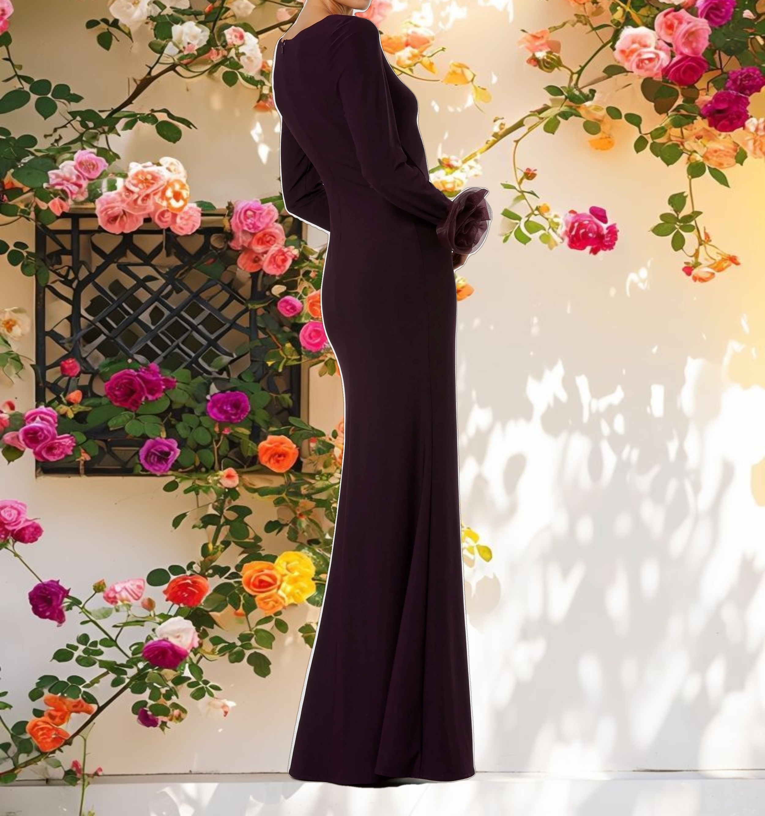 Purple Long Sleeve Fitted Jersey Gown With 3D Flowers