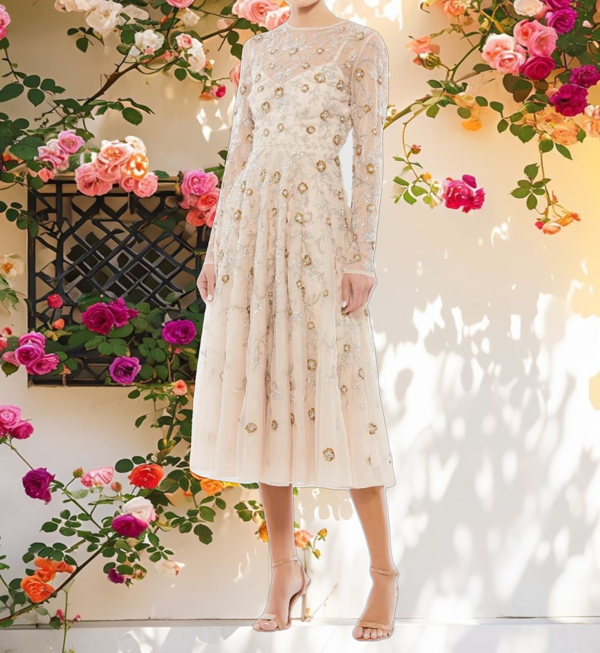 Beaded Illusion High Neck Long Sleeve A Line Gown