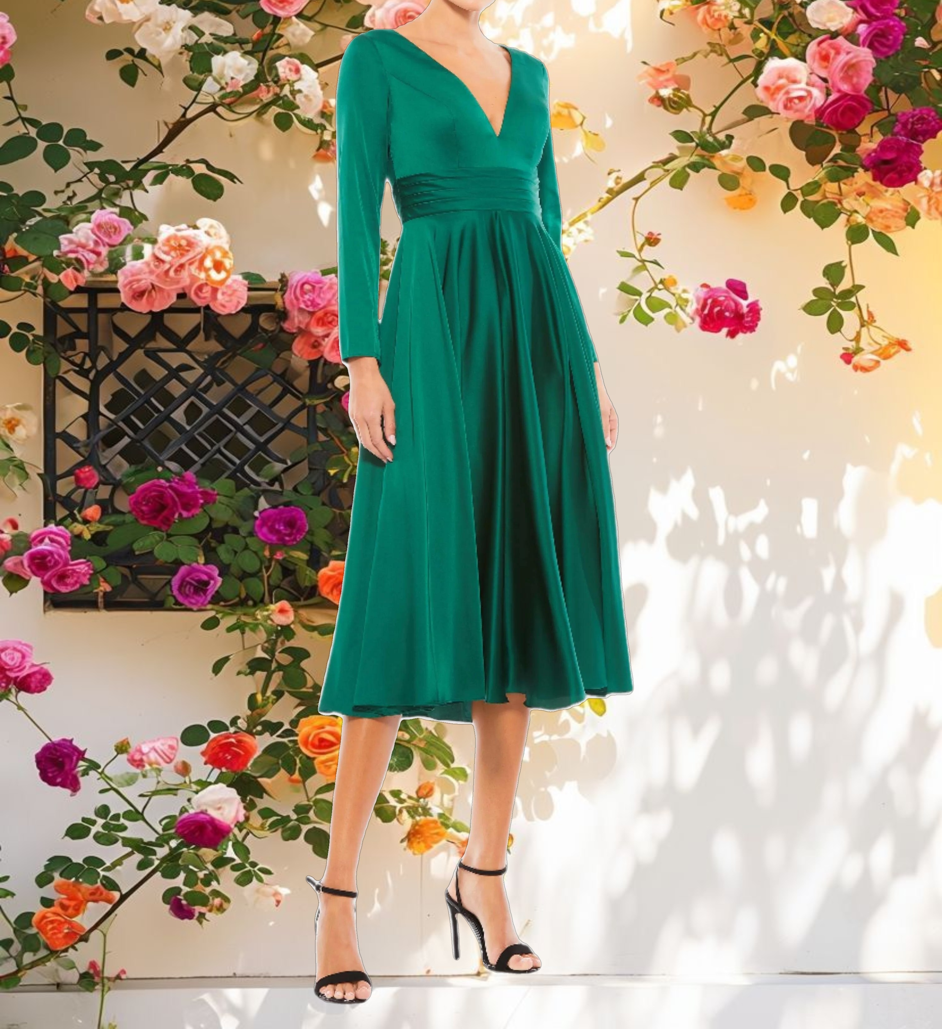 Satin V Neck Midi Dress