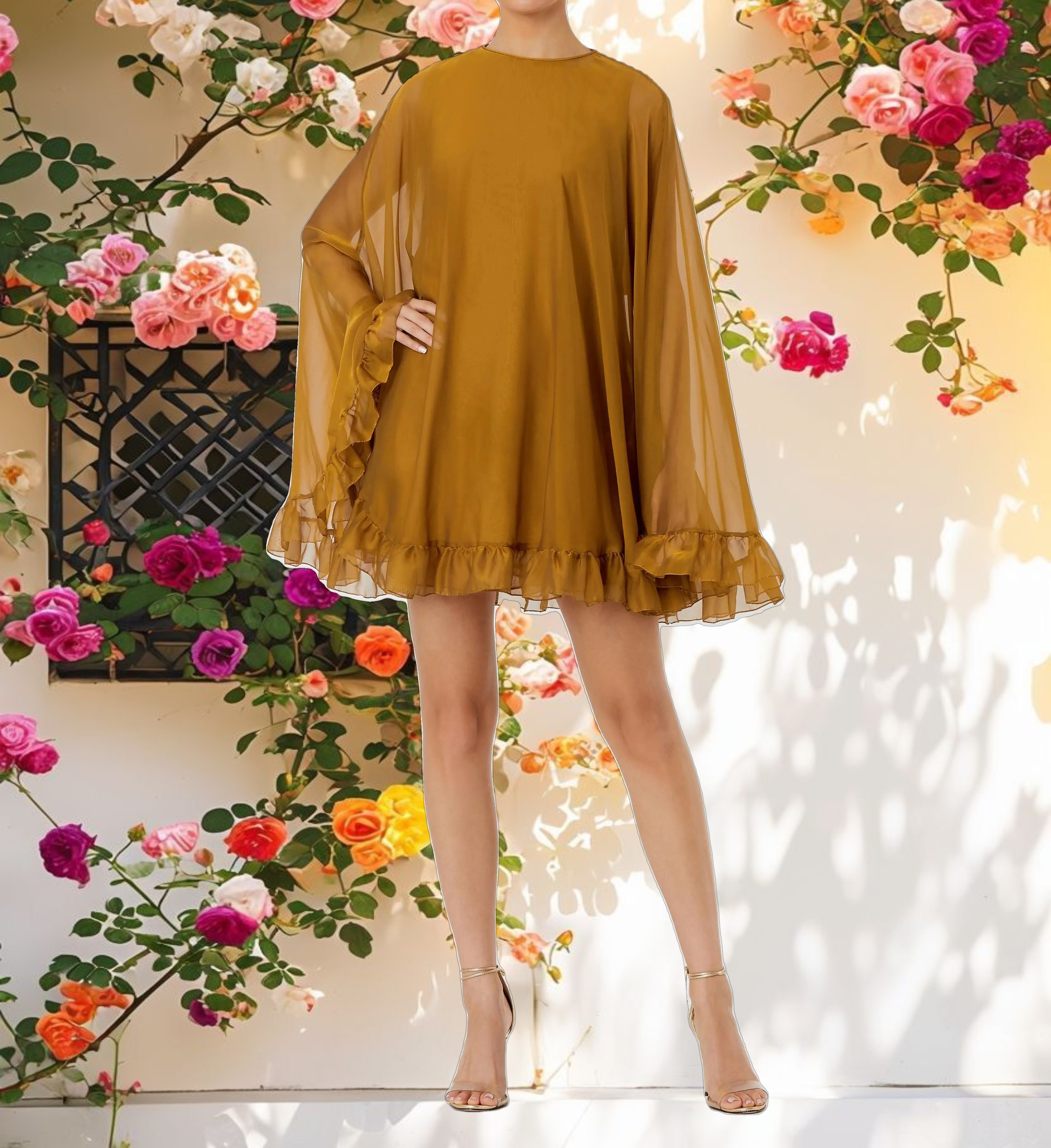 Bright Orange V-Neck Frilled Hem Coat Mini Dress