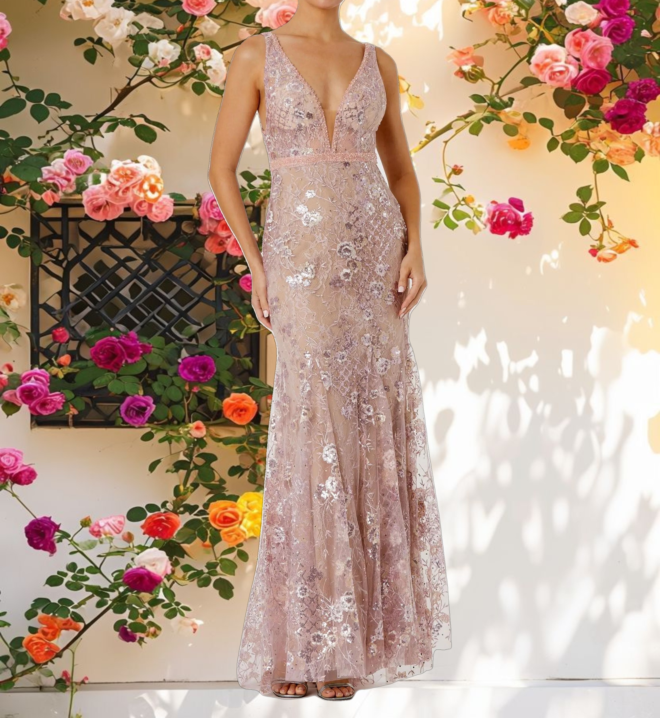 Pink Floral Embellished Sleeveless Plunge Neck Gown