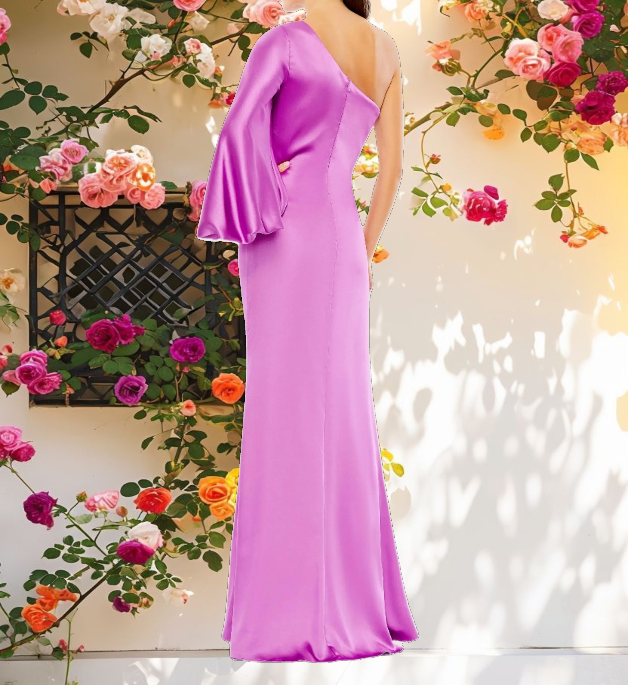 Purple Satin Puff Sleeve Gown