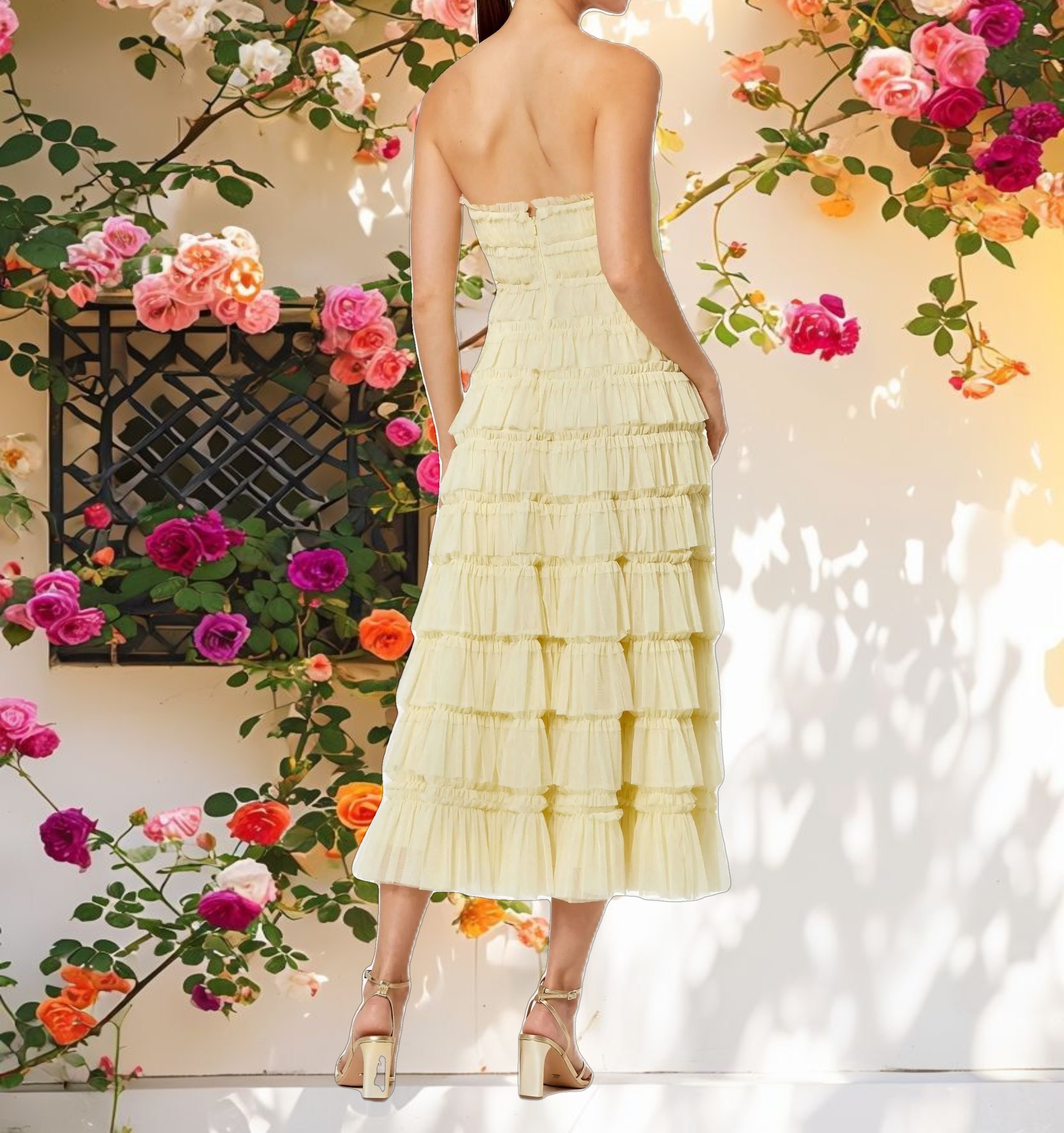 Yellow Mesh Micro Ruffle Strapless Midi Dress