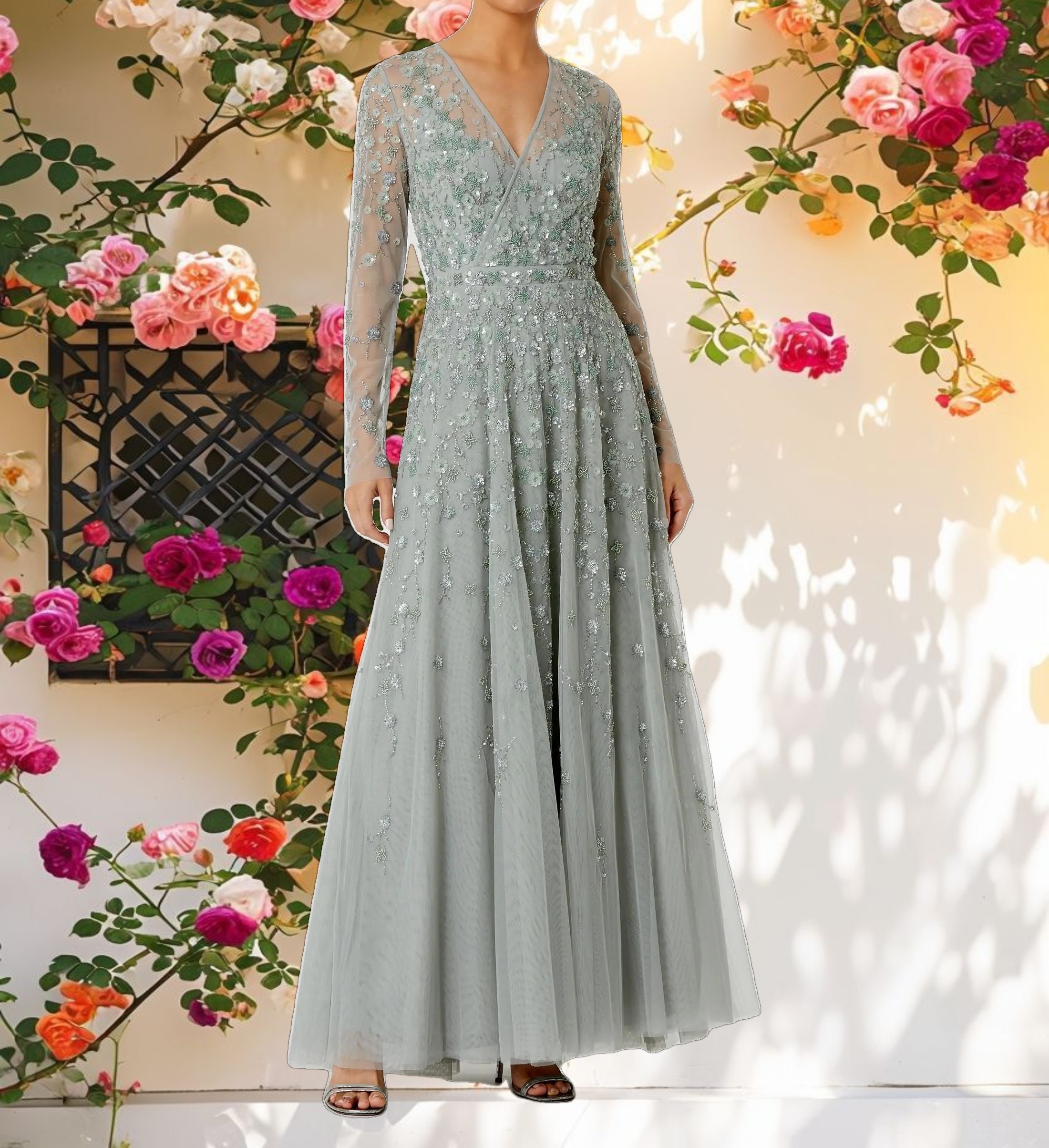 Stitched Wrap Over Illusion Long Sleeve A Line Gown