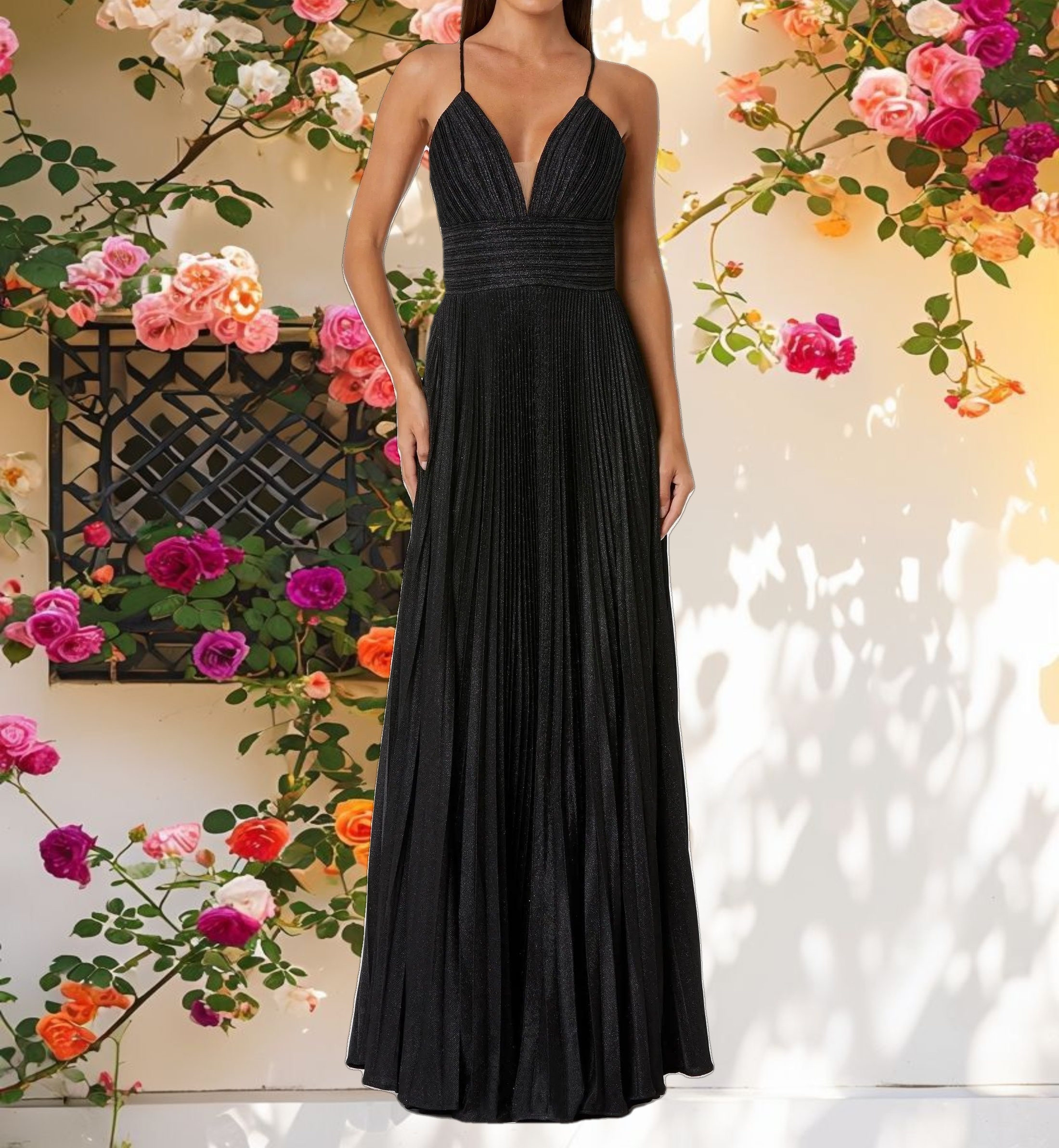 Black Shimmer Pleated V Neck Gown