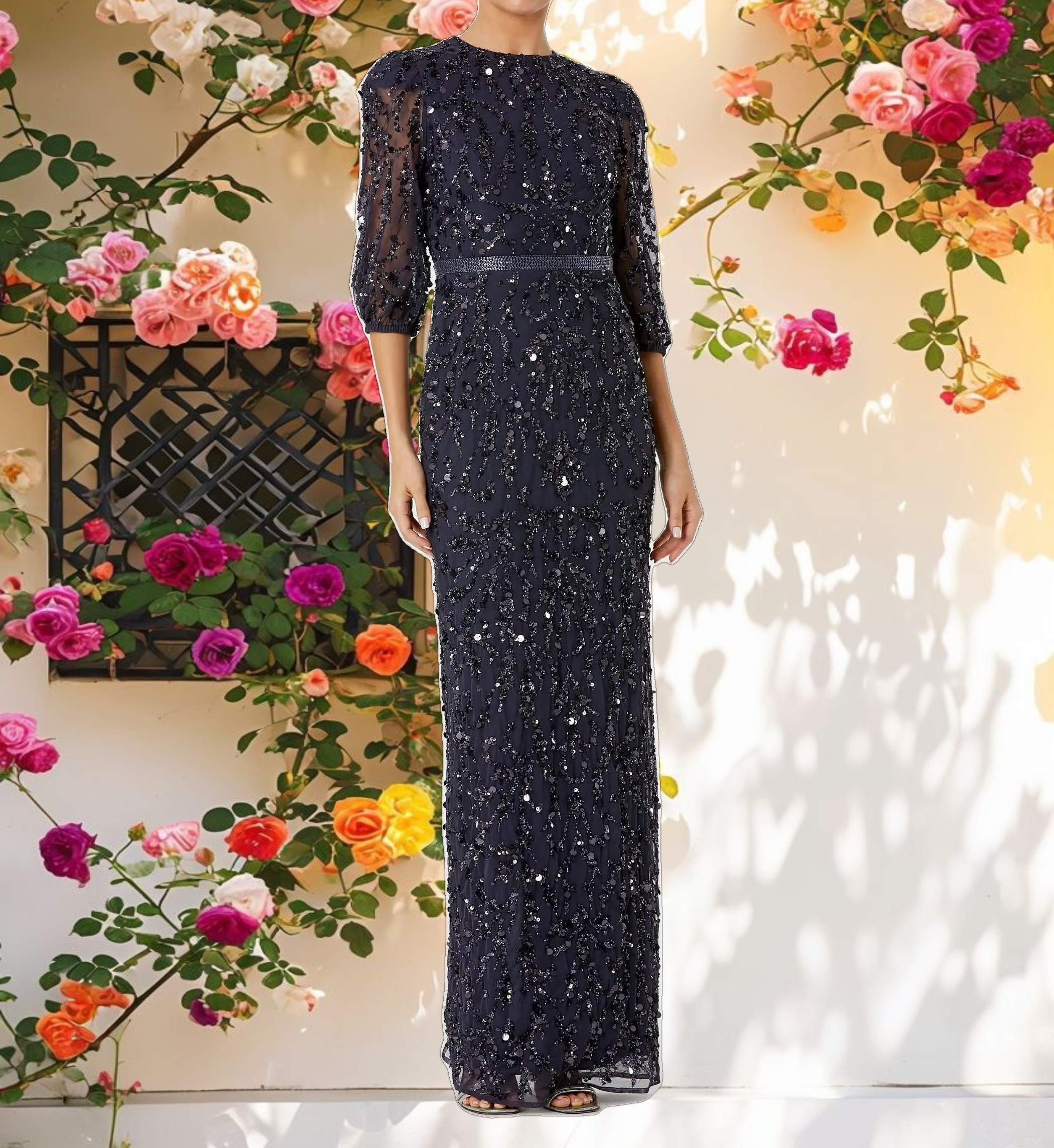 Blue Arm Length Decorated Dress