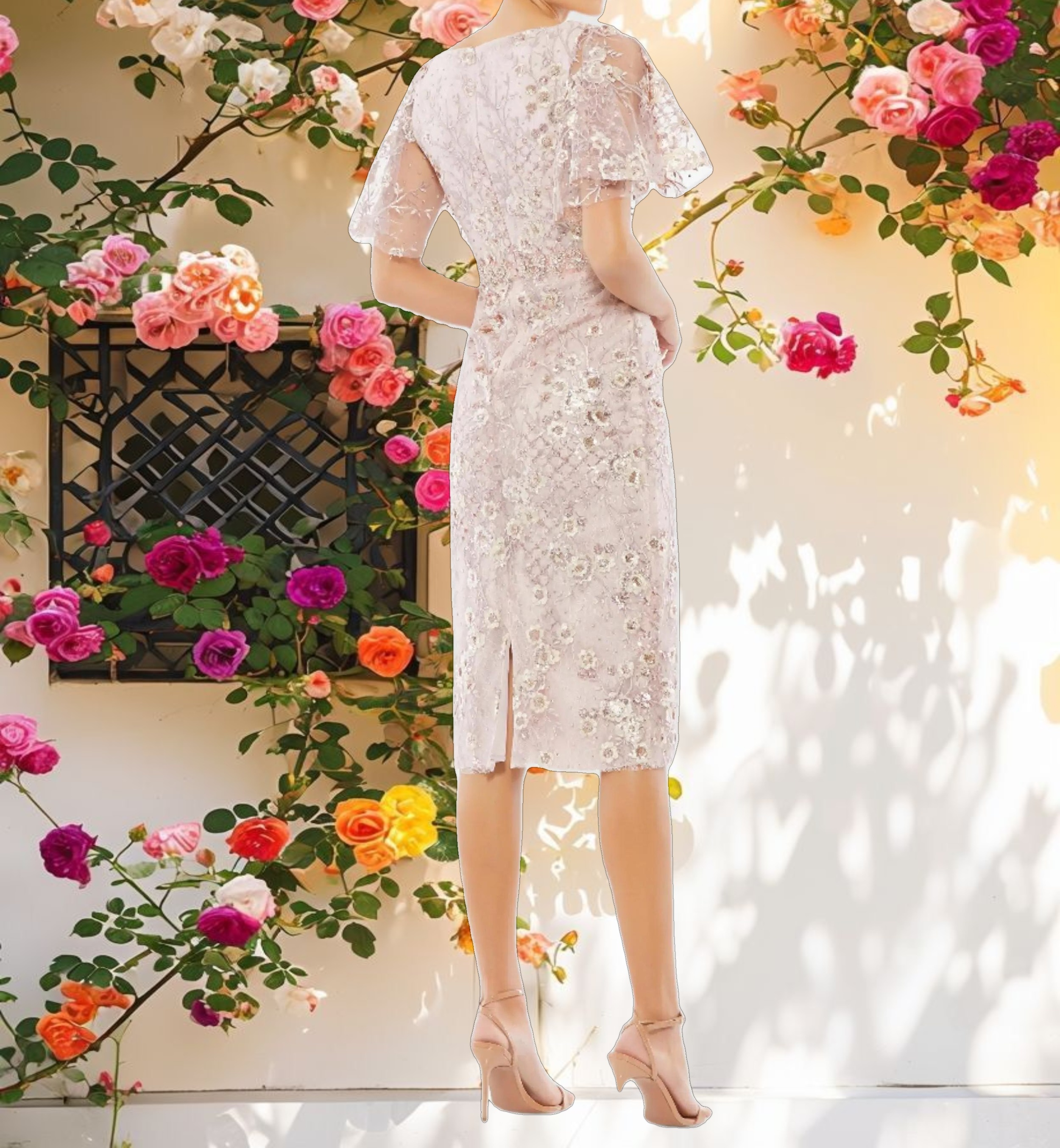 Pink Embellished Illusion Butterfly Sleeve Cocktail Dress