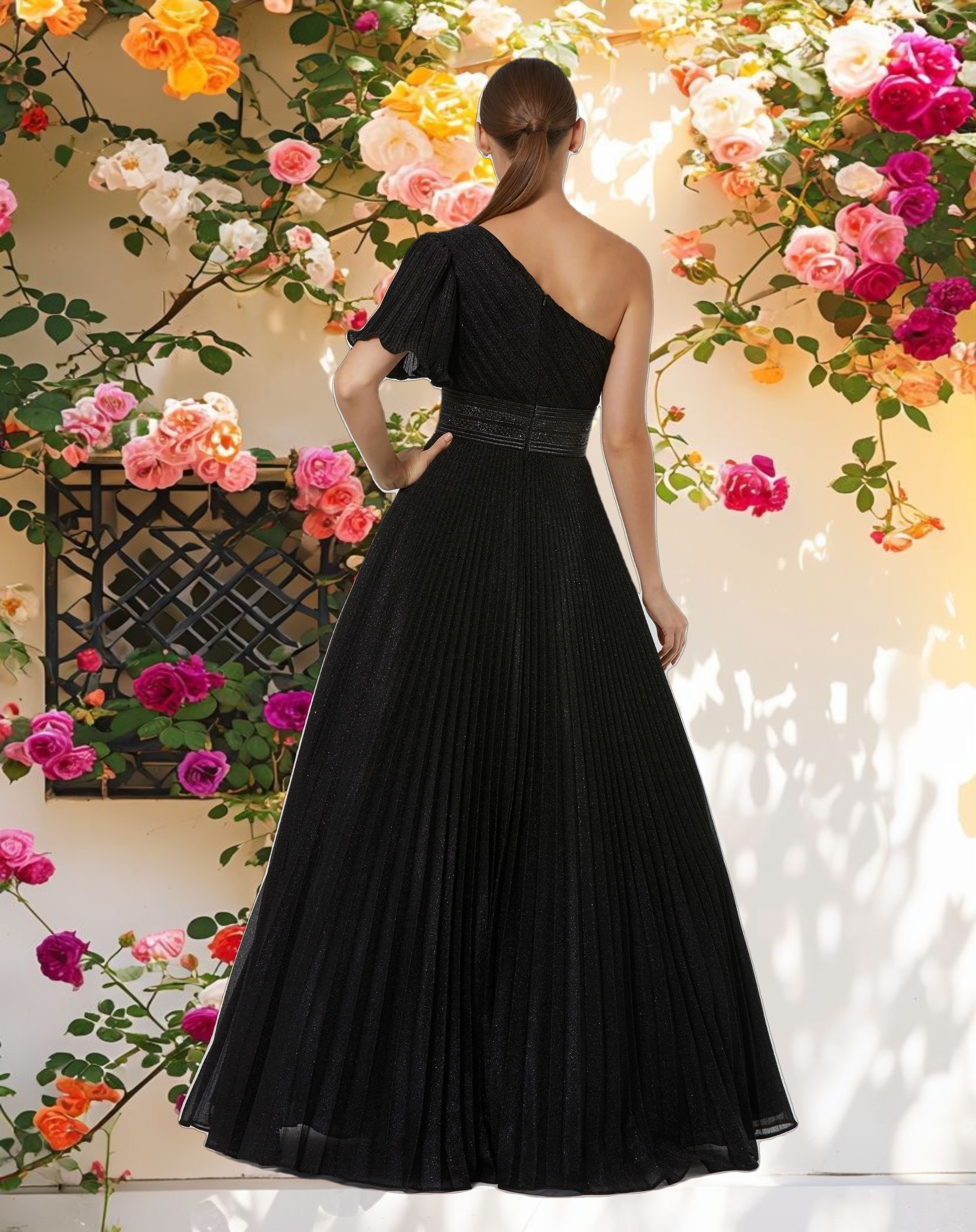 Black Pleated Shimmering Georgette One Shoulder Gown