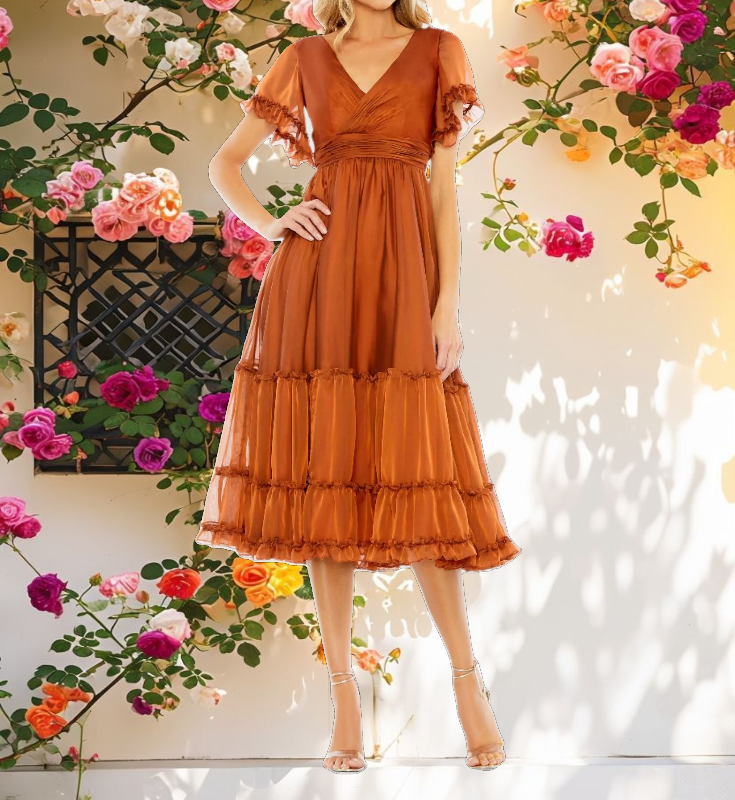 Pink Tea Length Ruffled Dress w/ Sheer Flutter Sleeves