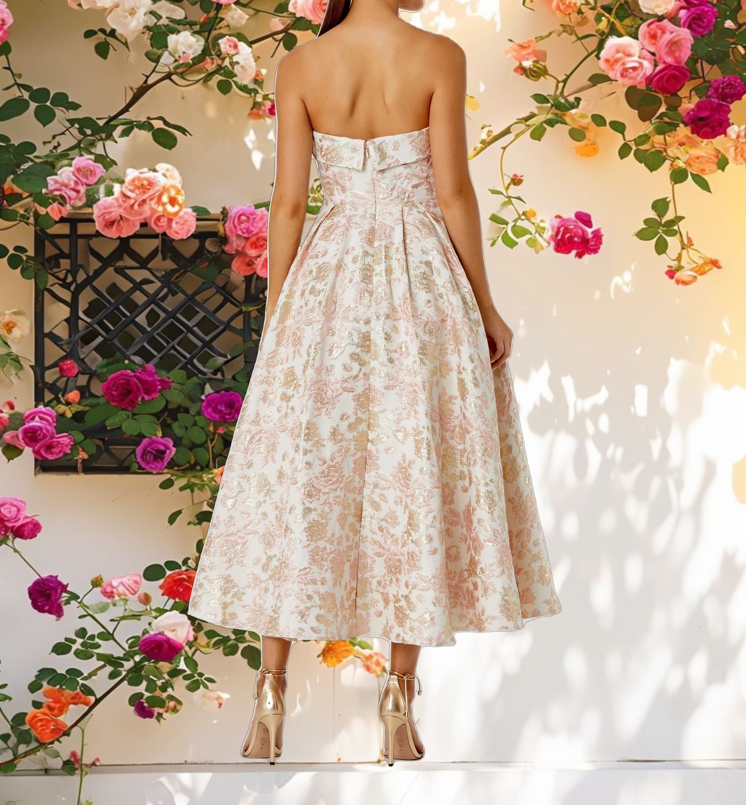 Pink and White Strapless Floral Brocade A Line Midi Dress