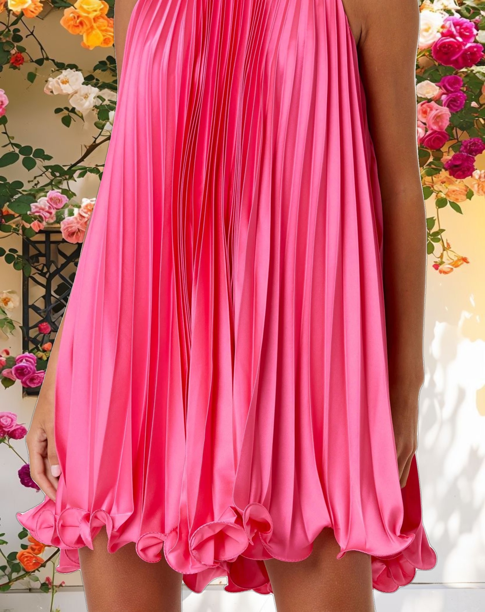 Pink Pleated Halter Neck Flowy Mini Trapeze Dress