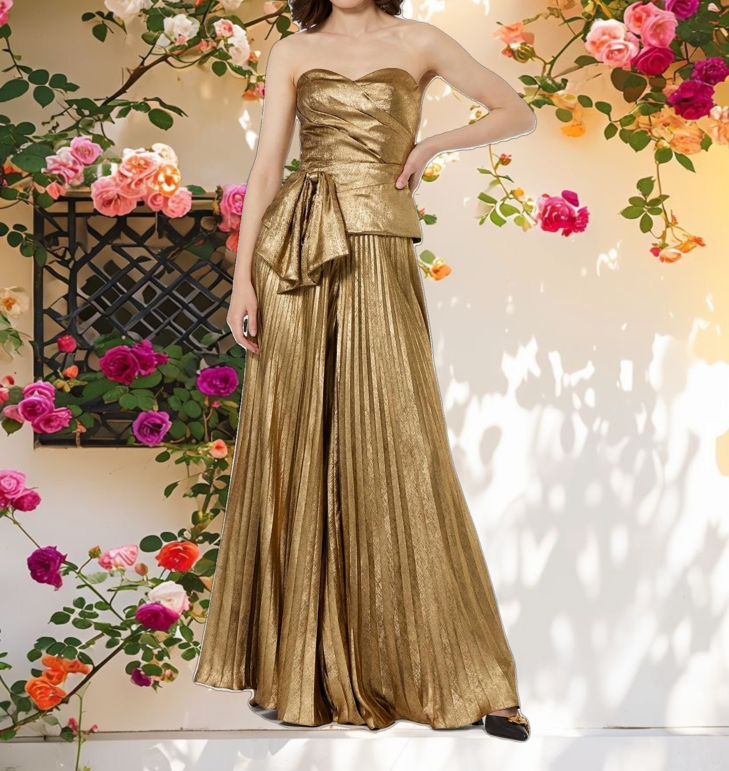 Shimmering Fabric Strapless Wrap Top With Bow Detail