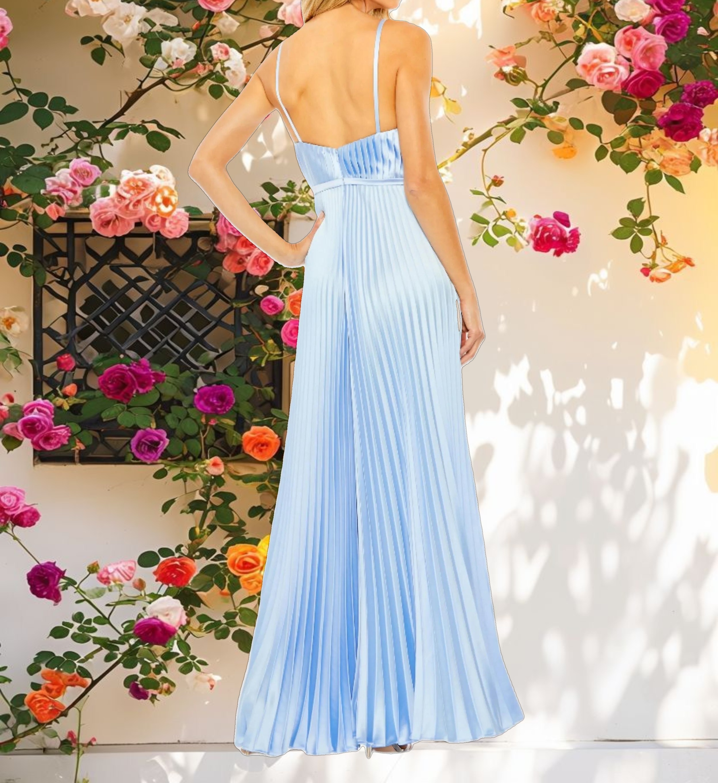 Light Blue Pleated Plunge Neck Wide Leg Jumpsuit