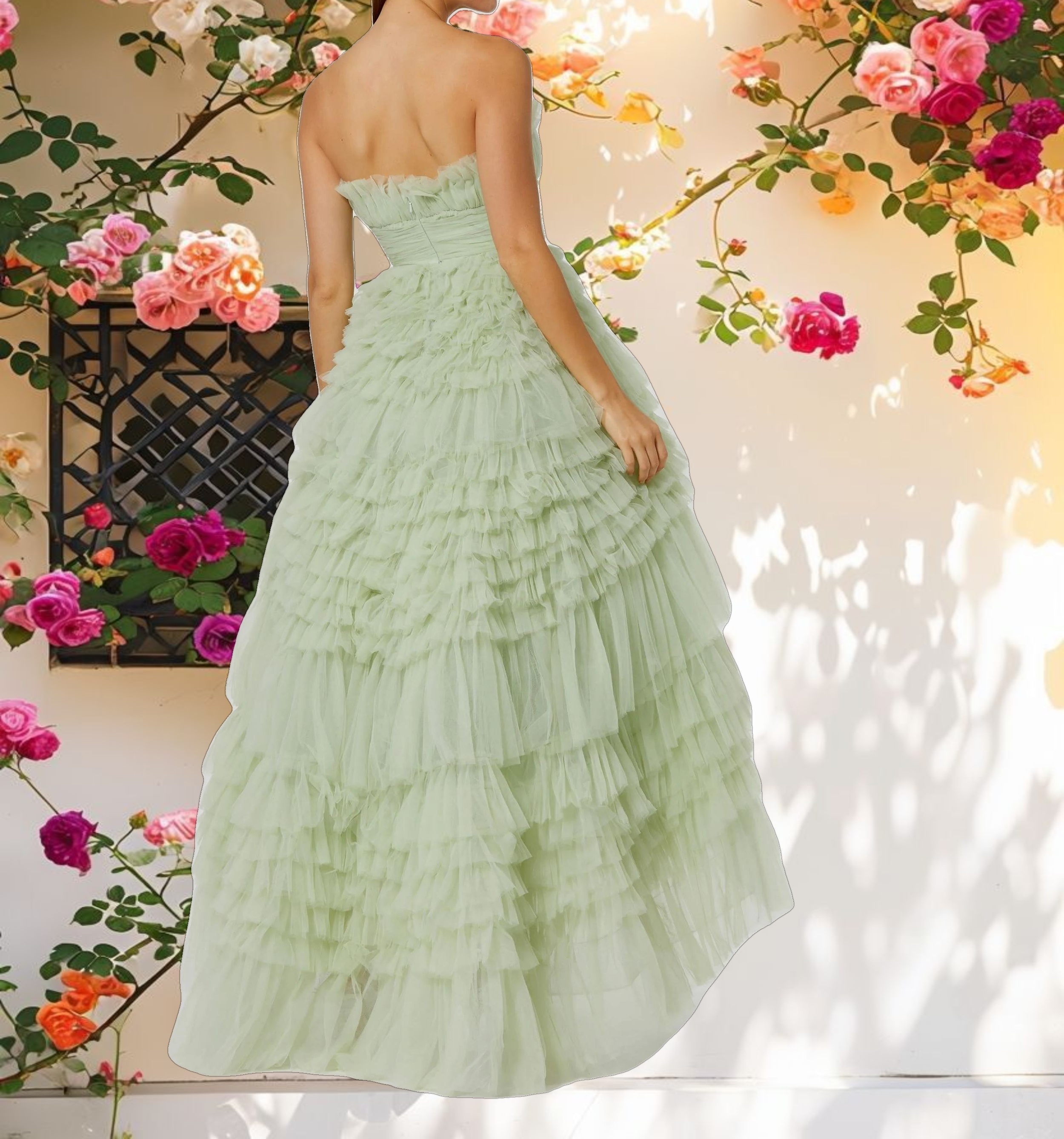 Green Strapless Tulle Ruffle Formal Dress
