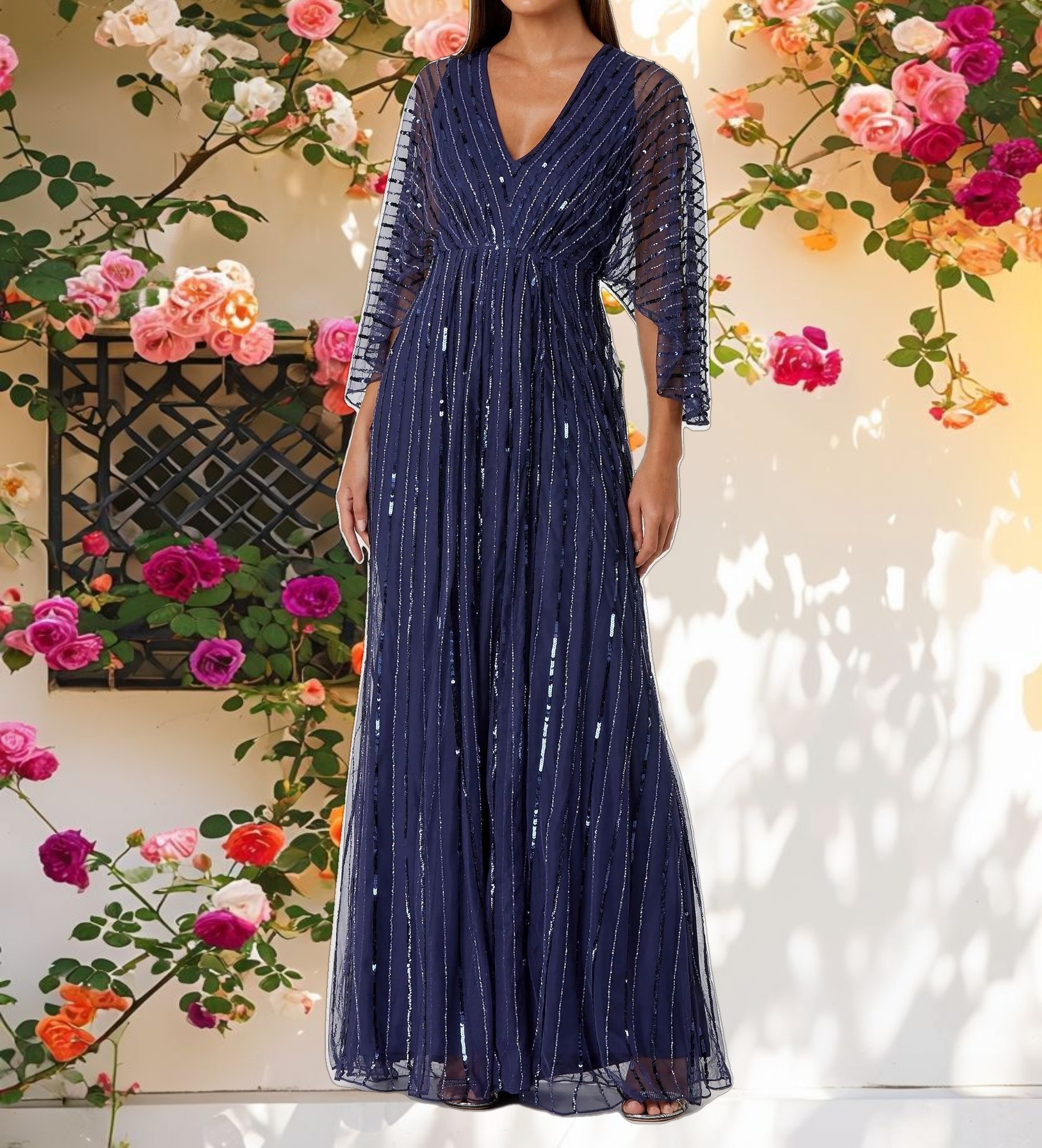 Beaded Striping Kimono Sleeve V Neck Gown