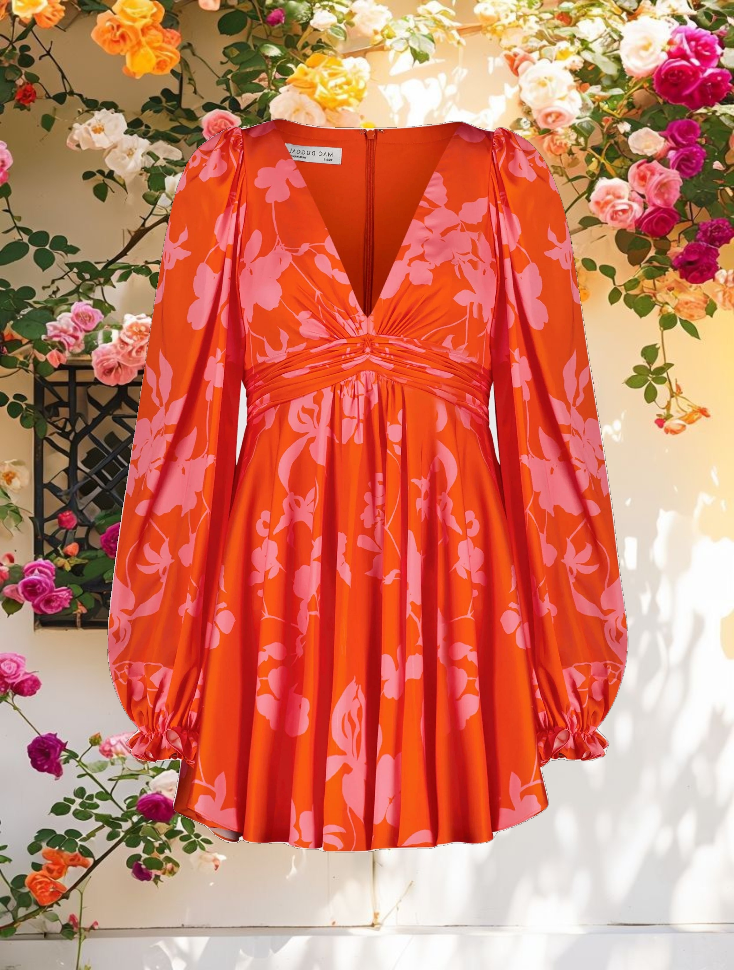 Printed Charmeuse Bishop Sleeve V Neck Mini Dress