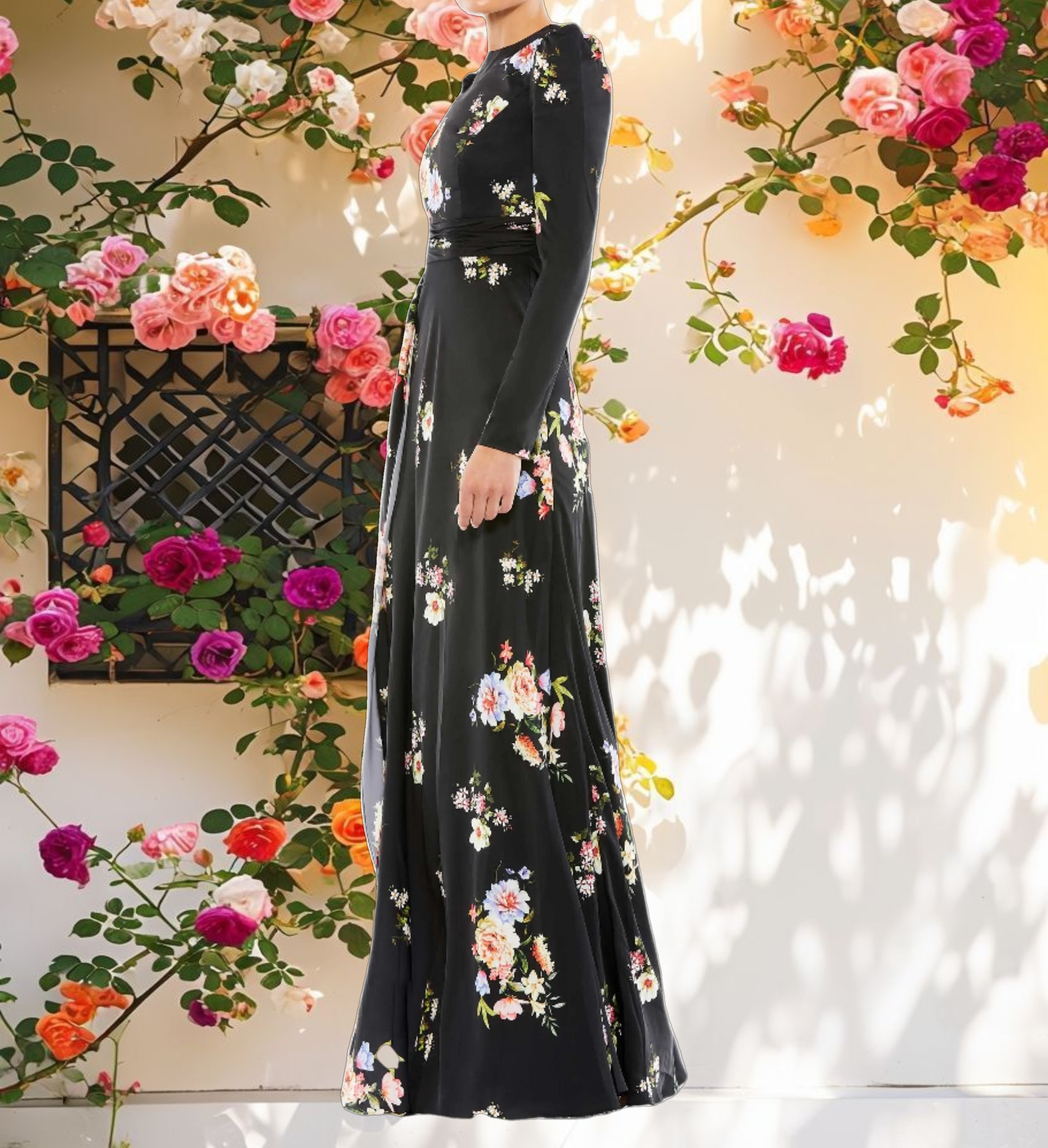 Long Sleeve Faux Wrap Gown