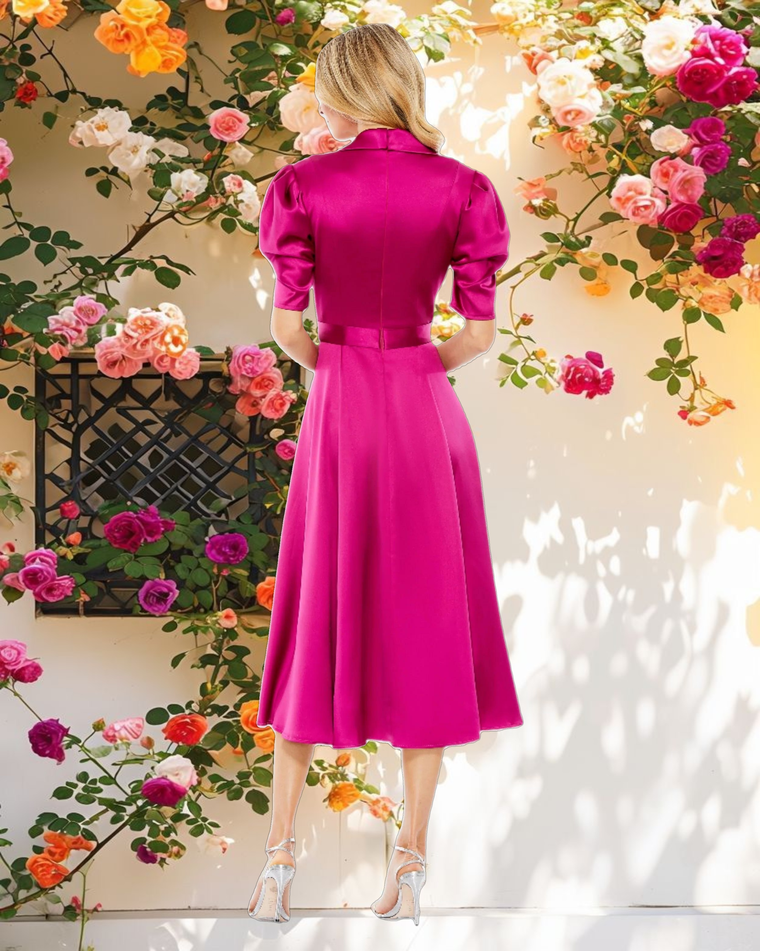 Hot Pink Satin Lapel Puff Sleeve Tea Length Dress