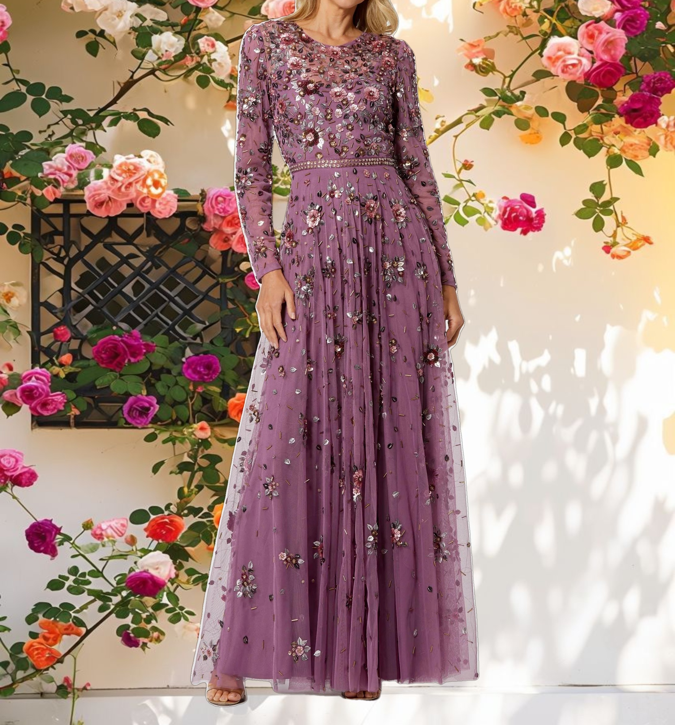 Blue Long Sleeve High Neck Beaded Dress