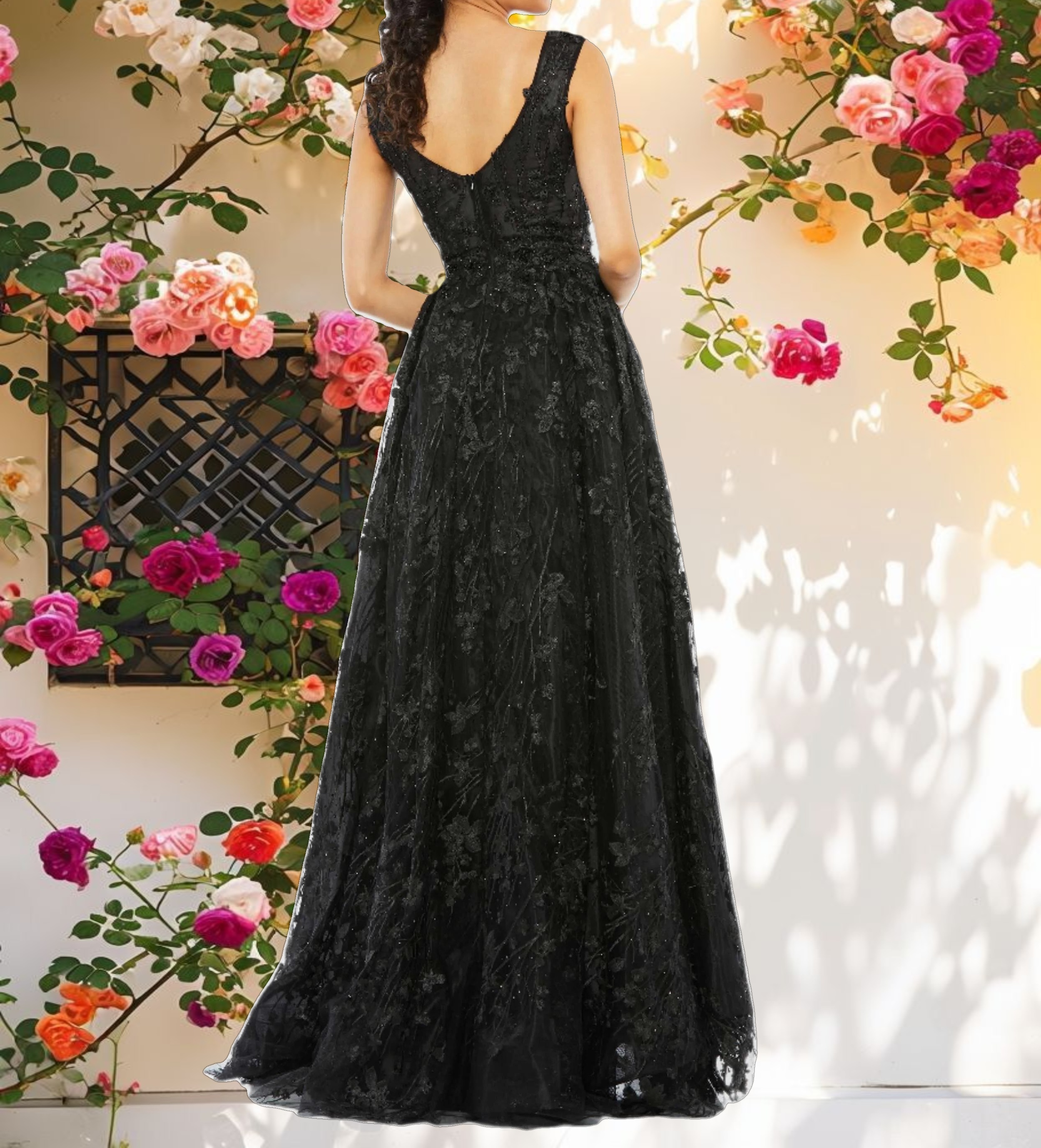 Floral Embroidered Illusion V Neck Gown