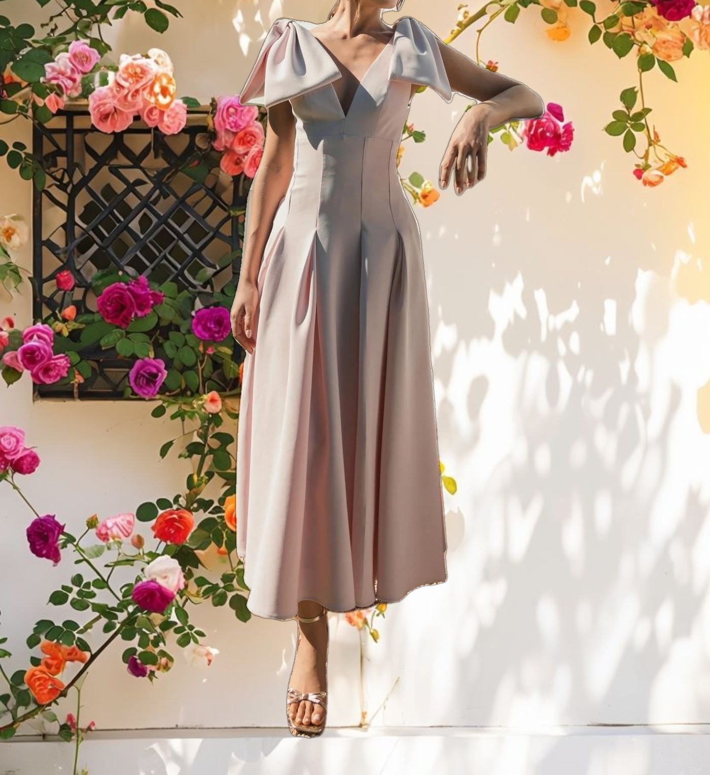 Pink Crepe A Line Midi Dress With Bow Straps